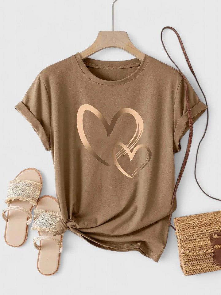 Camiseta Mujer Algodón Manga Corta Estampado Corazones Casual Ajuste Relajado 0