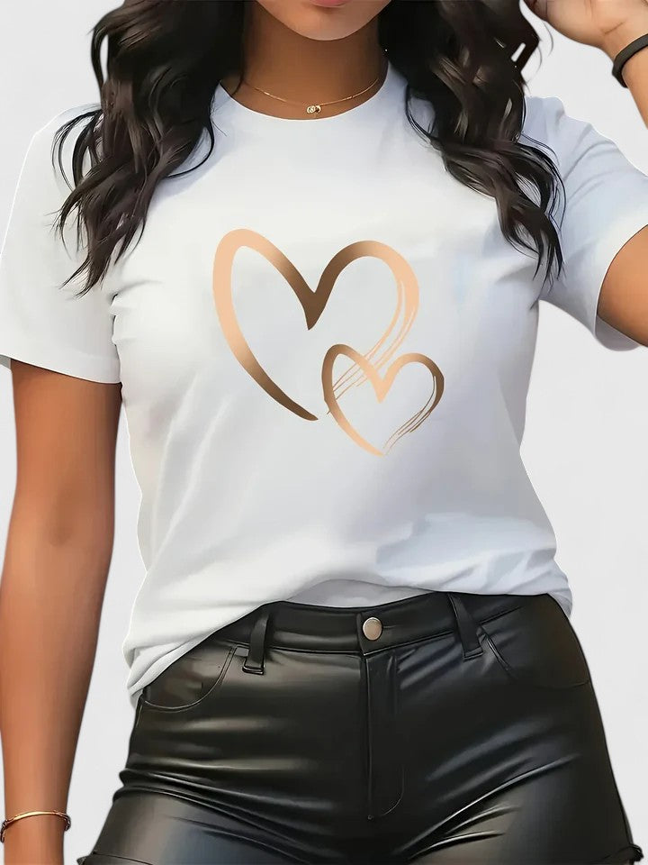 Camiseta Mujer Algodón Manga Corta Estampado Corazones Casual Ajuste Relajado 1