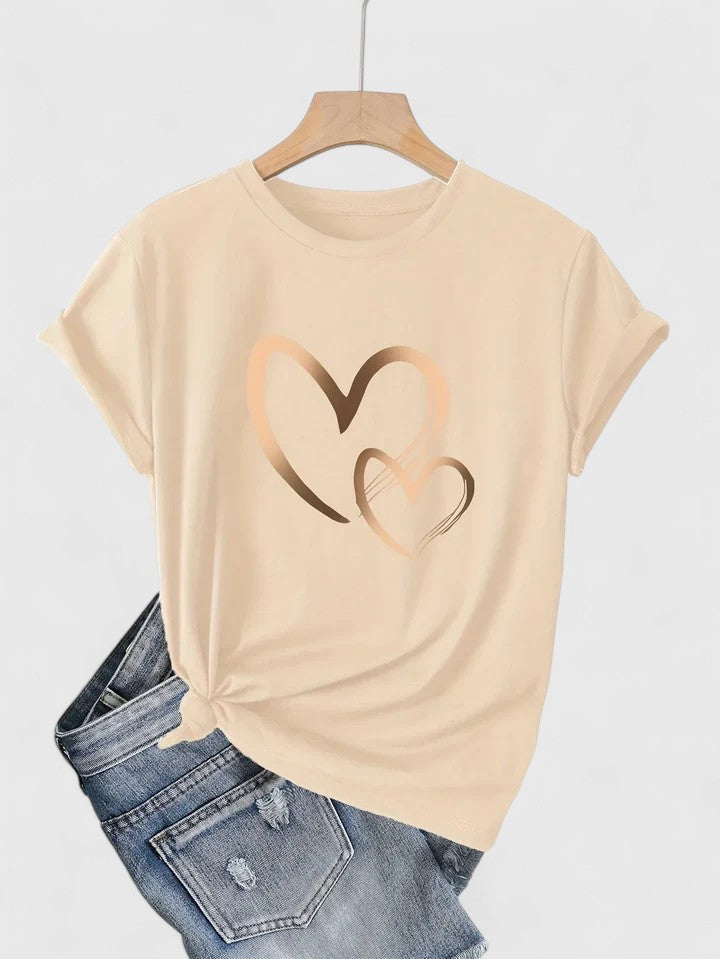 Camiseta Mujer Algodón Manga Corta Estampado Corazones Casual Ajuste Relajado 8