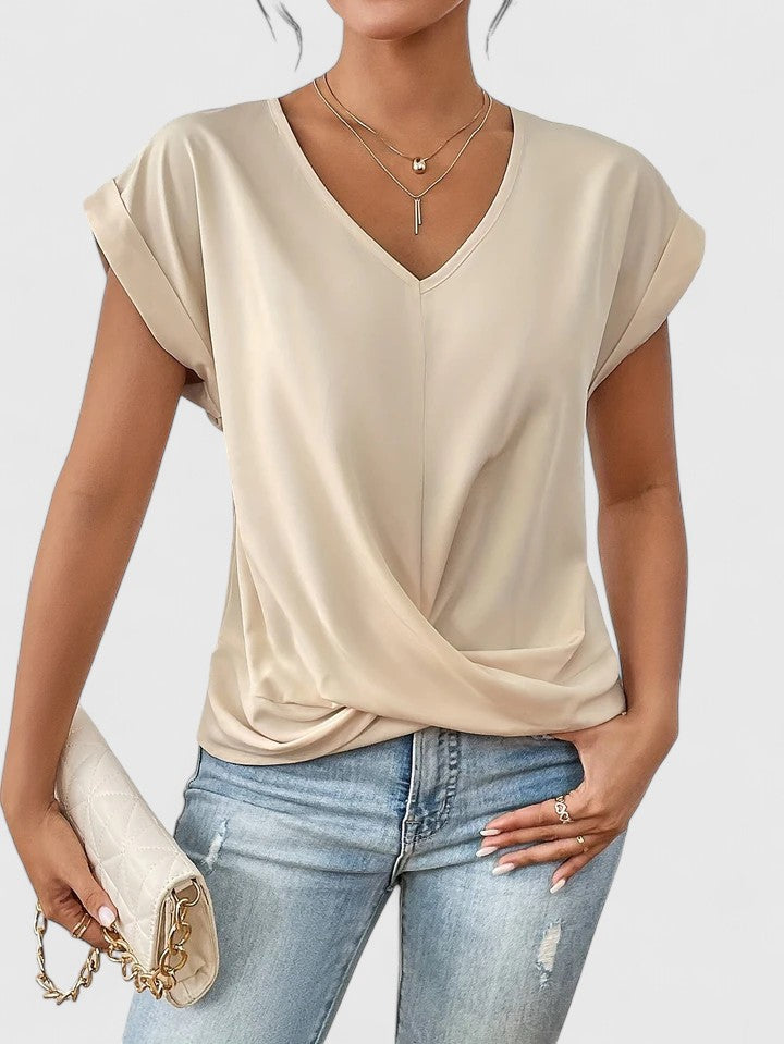Camiseta Mujer Tela Suave Escote en V Detalle Frontal Casual 1