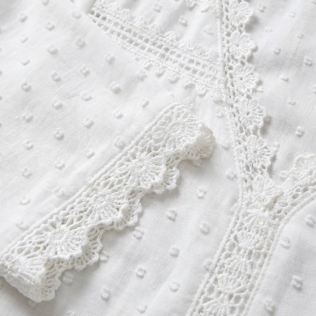 Mujer Blusa Blanco Textura Plumeti Con Ribete De Encaje Y Escote En V 2