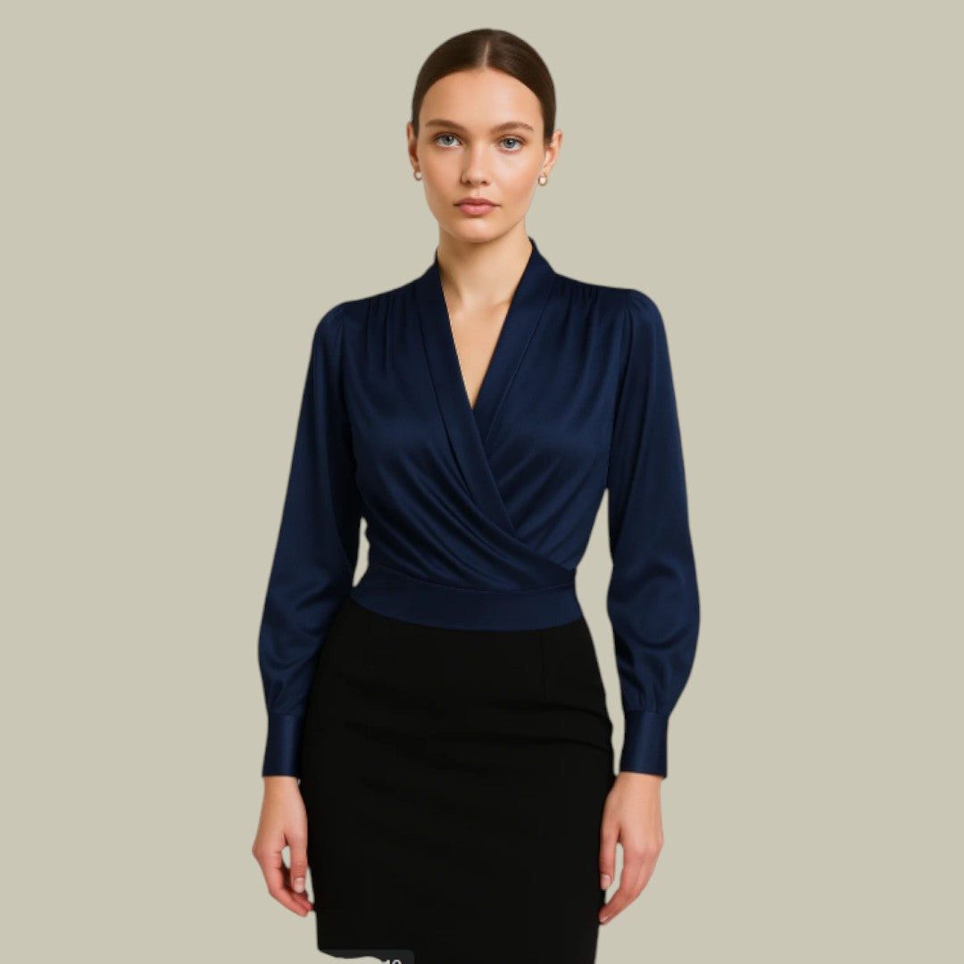 Mujer Blusa Cruzada Satén Manga Larga Diseño Elegante 1