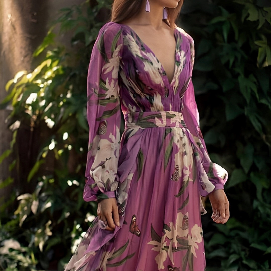 Mujer Maxi Vestido Floral Tejido Ligero Con Escote En V Y Mangas Largas 2