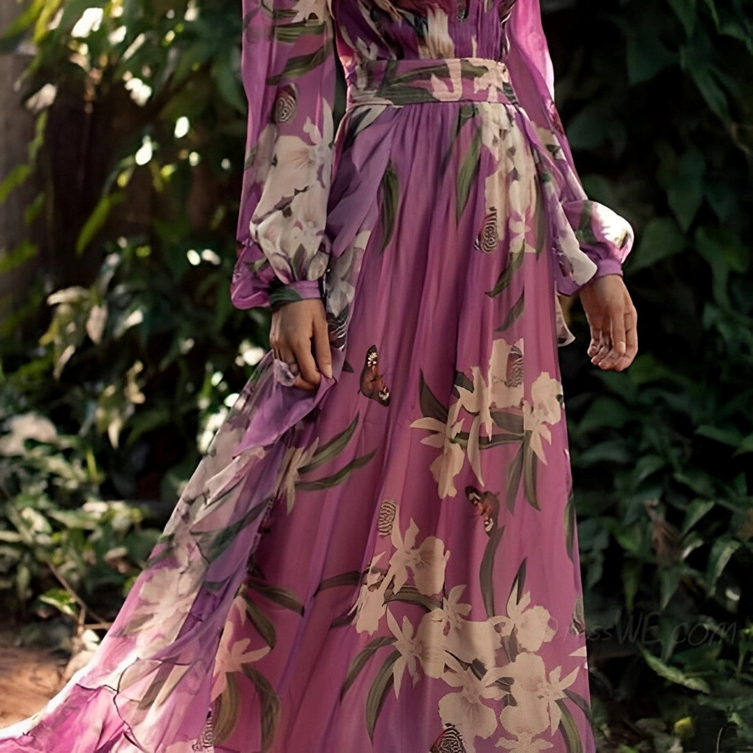 Mujer Maxi Vestido Floral Tejido Ligero Con Escote En V Y Mangas Largas 3