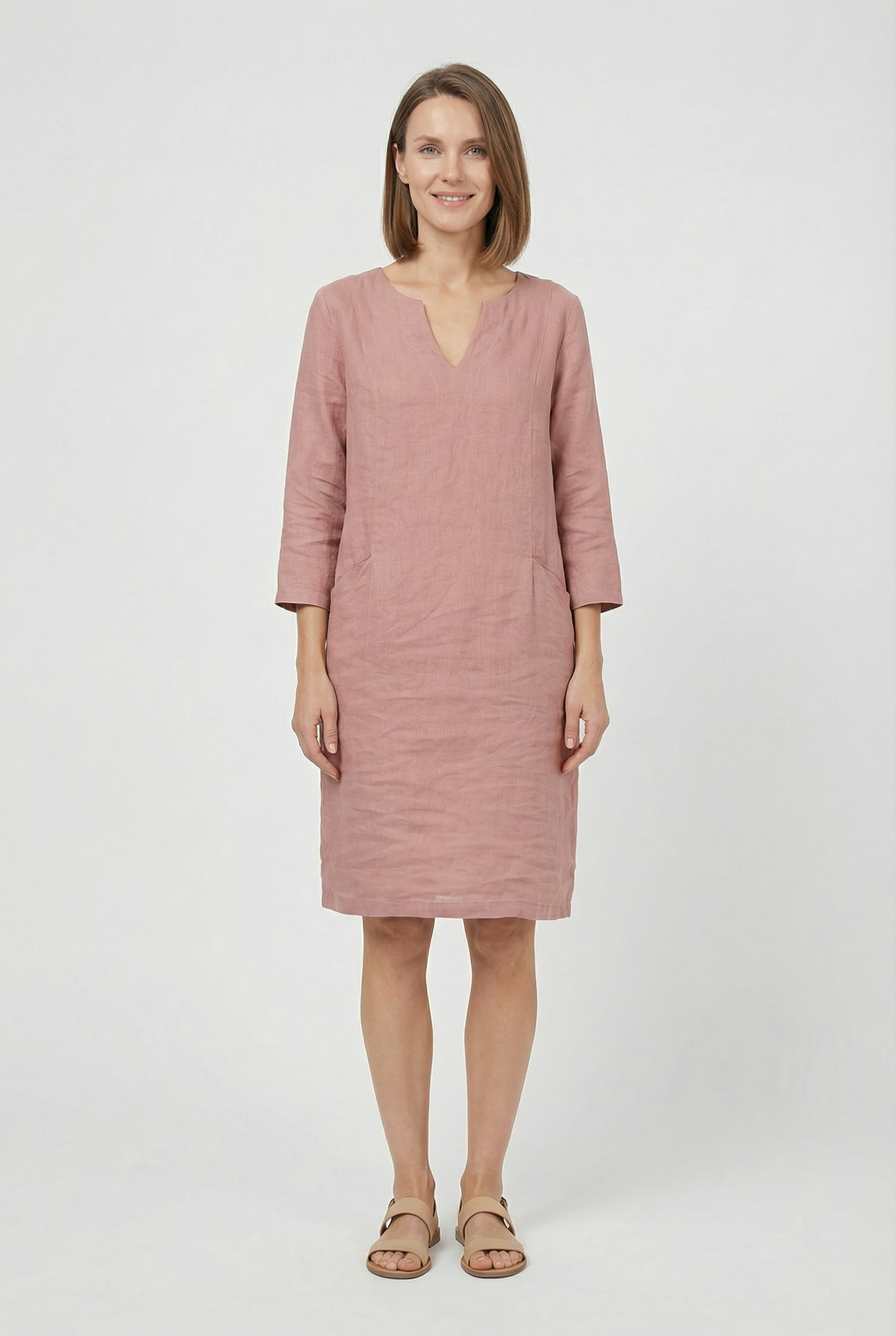Mujer Minivestido Algodón Lino Cuello en V Manga Tres Cuartos Casual 2