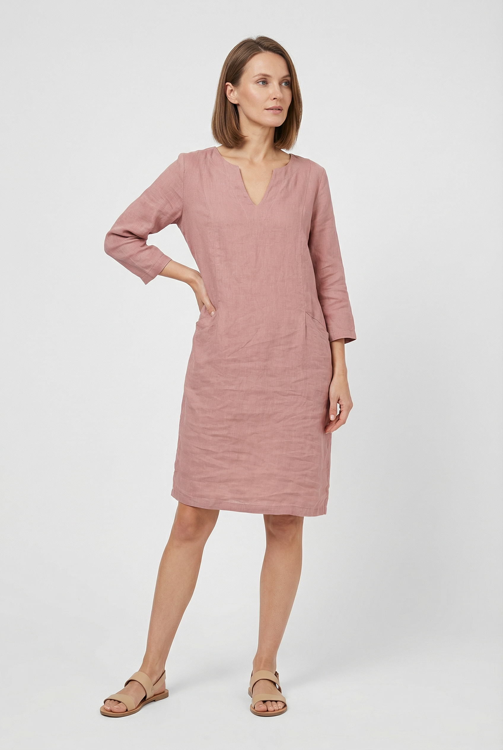 Mujer Minivestido Algodón Lino Cuello en V Manga Tres Cuartos Casual 3