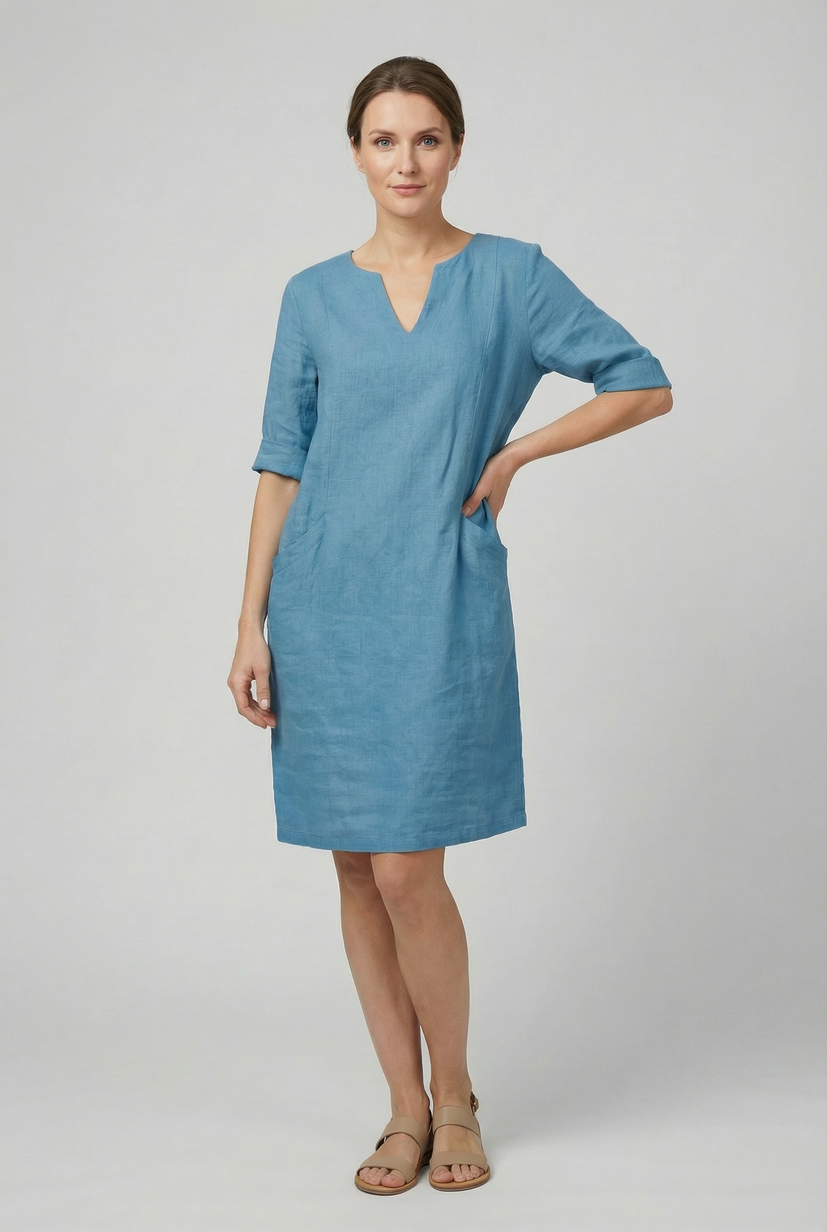 Mujer Minivestido Algodón Lino Cuello en V Manga Tres Cuartos Casual 4