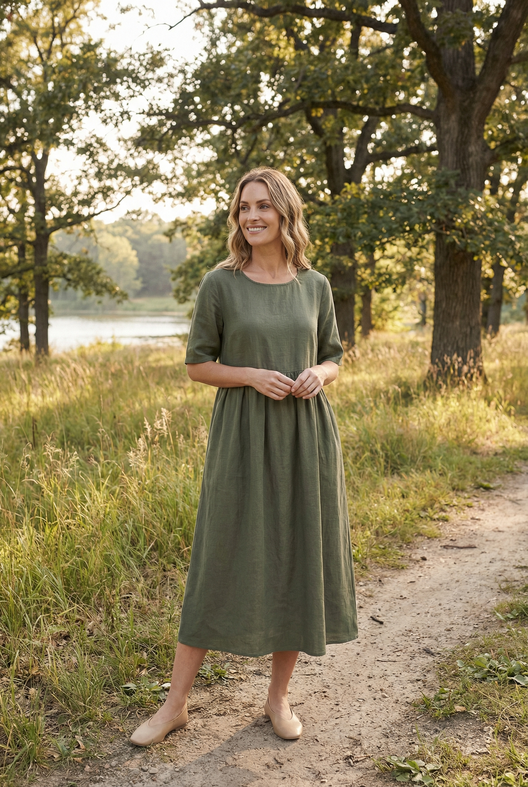 Mujer Vestido Casual Algodón Lino con Bolsillos y Manga Corta 3