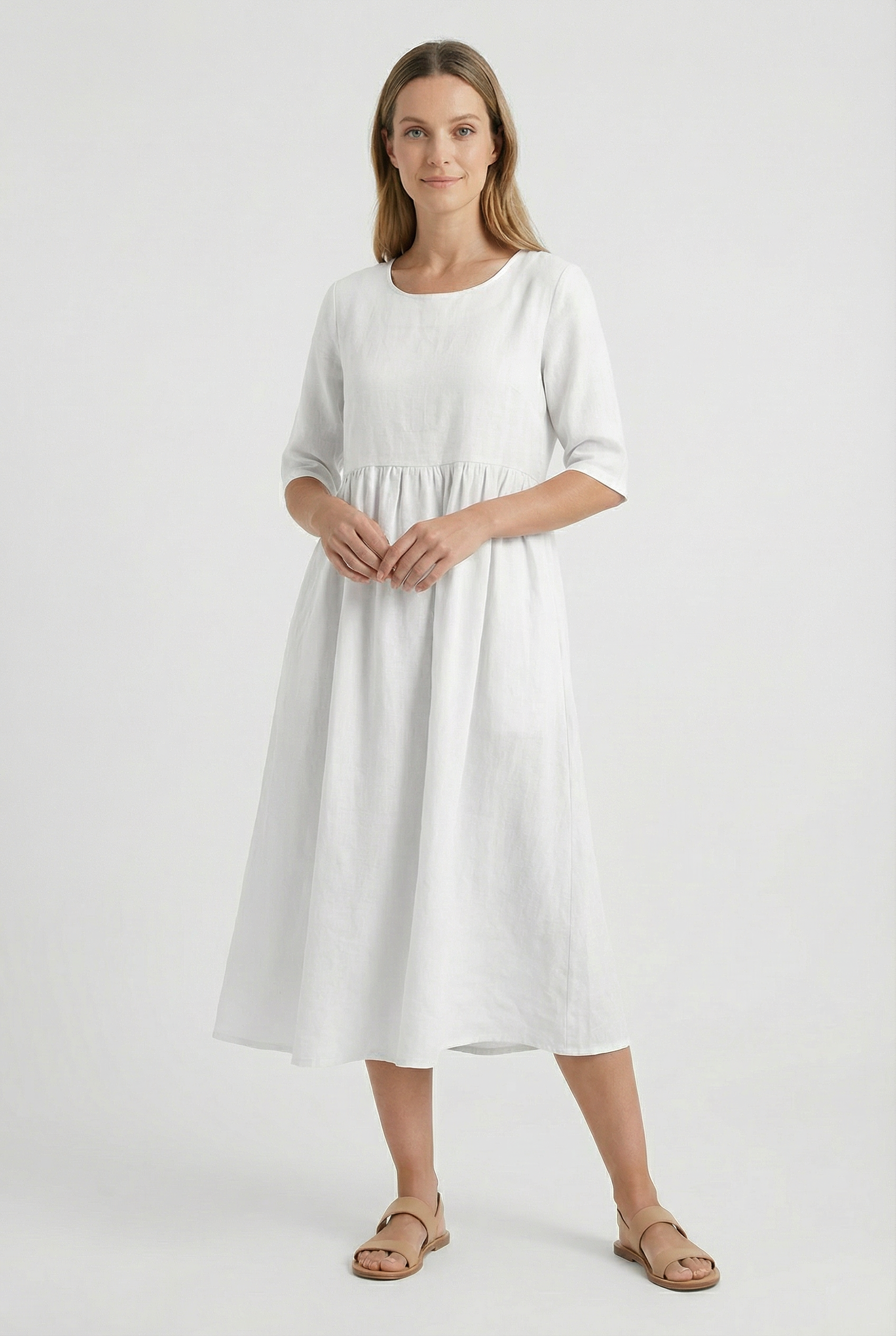 Mujer Vestido Casual Algodón Lino con Bolsillos y Manga Corta 8