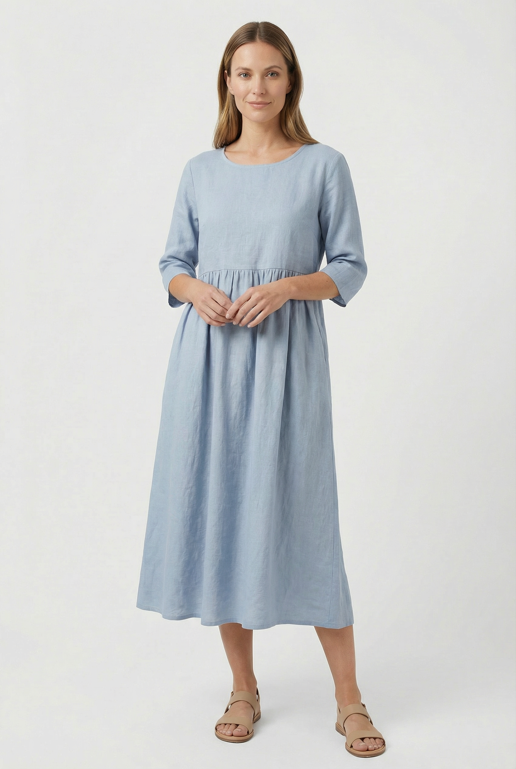 Mujer Vestido Casual Algodón Lino con Bolsillos y Manga Corta 9