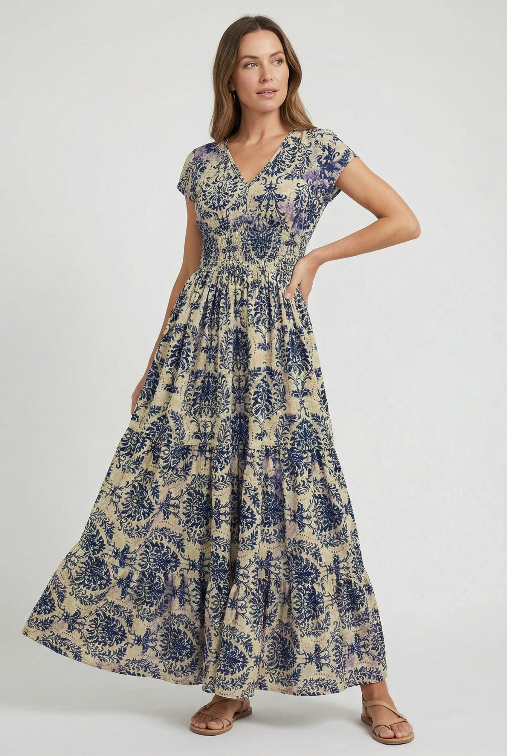 Mujer Vestido Casual Tela Ligera Cuello en V Estampado Retro 1