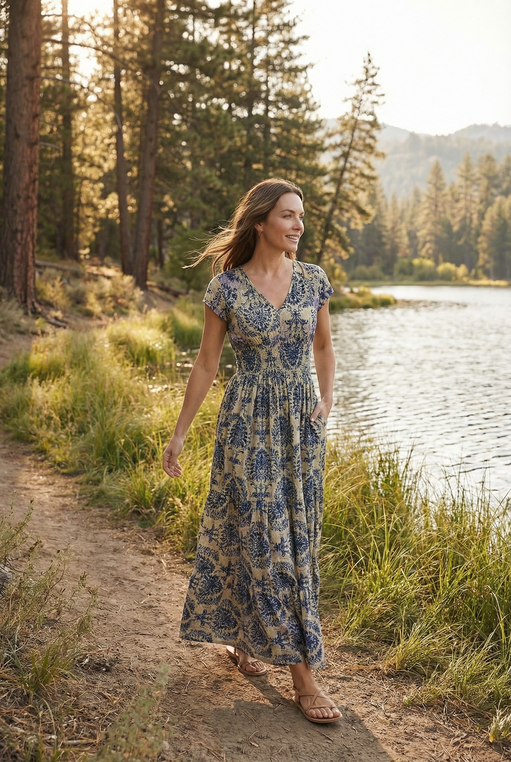 Mujer Vestido Casual Tela Ligera Cuello en V Estampado Retro 3