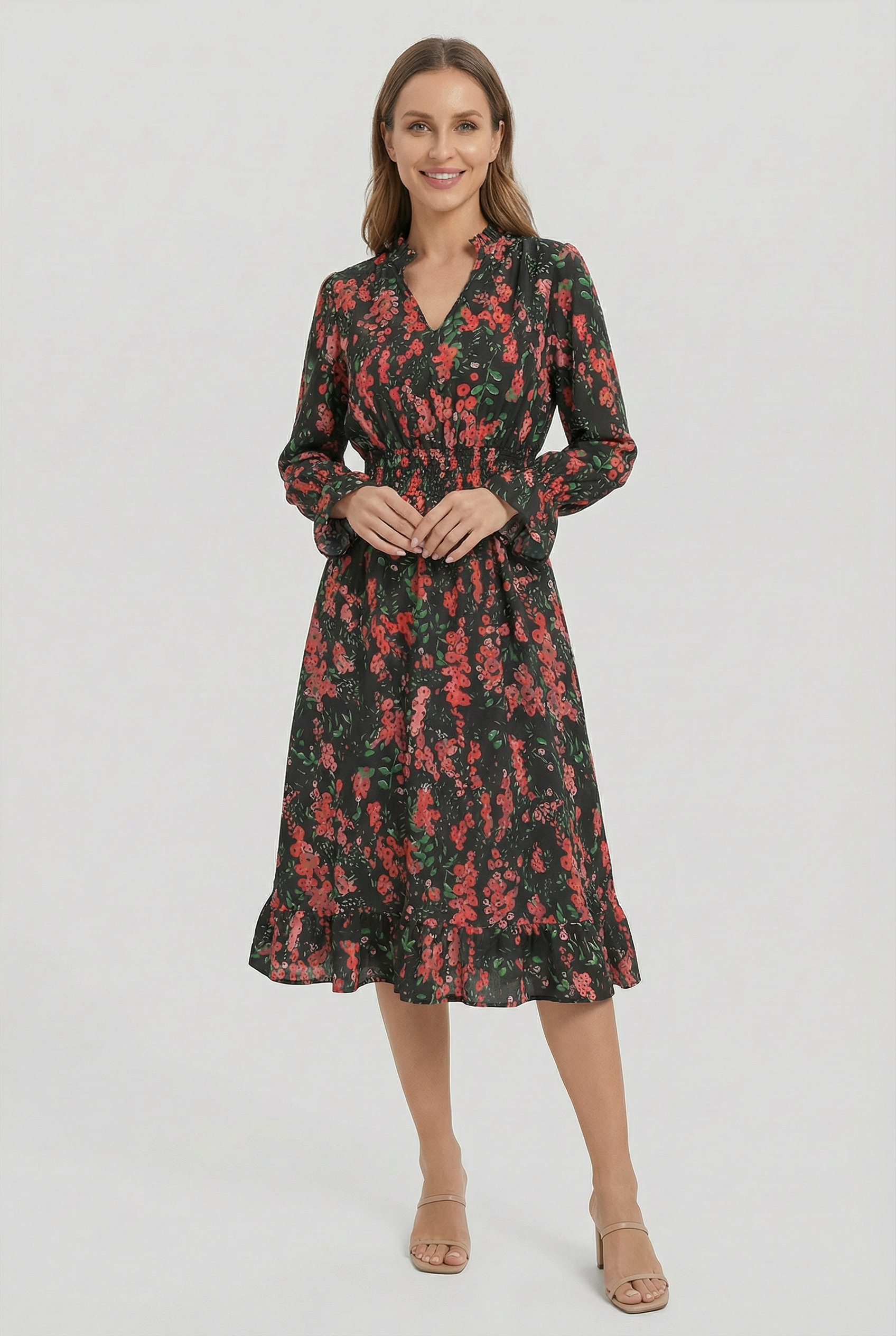 Mujer Vestido Floral Cuello en V Manga Larga Corte A 3