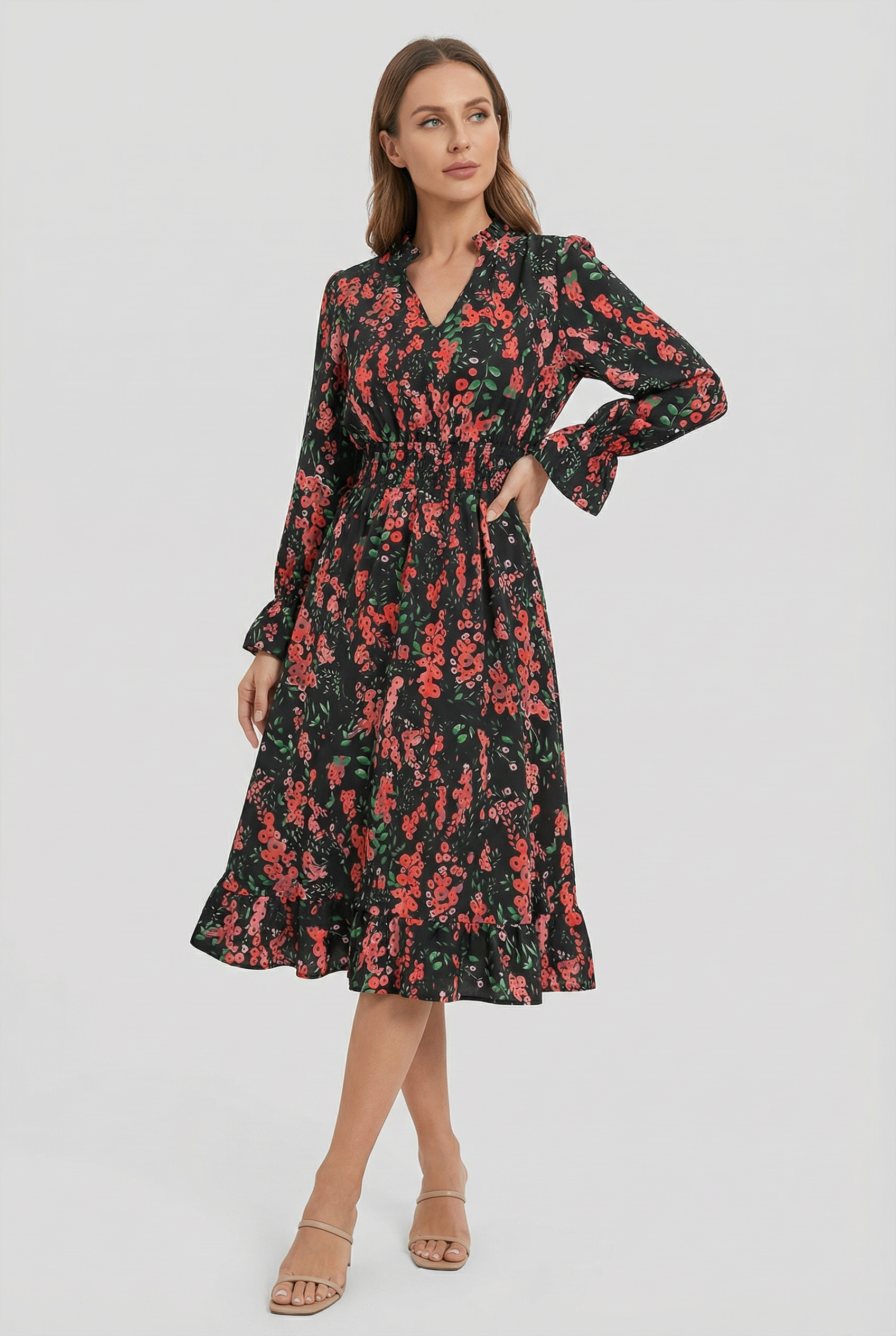 Mujer Vestido Floral Cuello en V Manga Larga Corte A 4