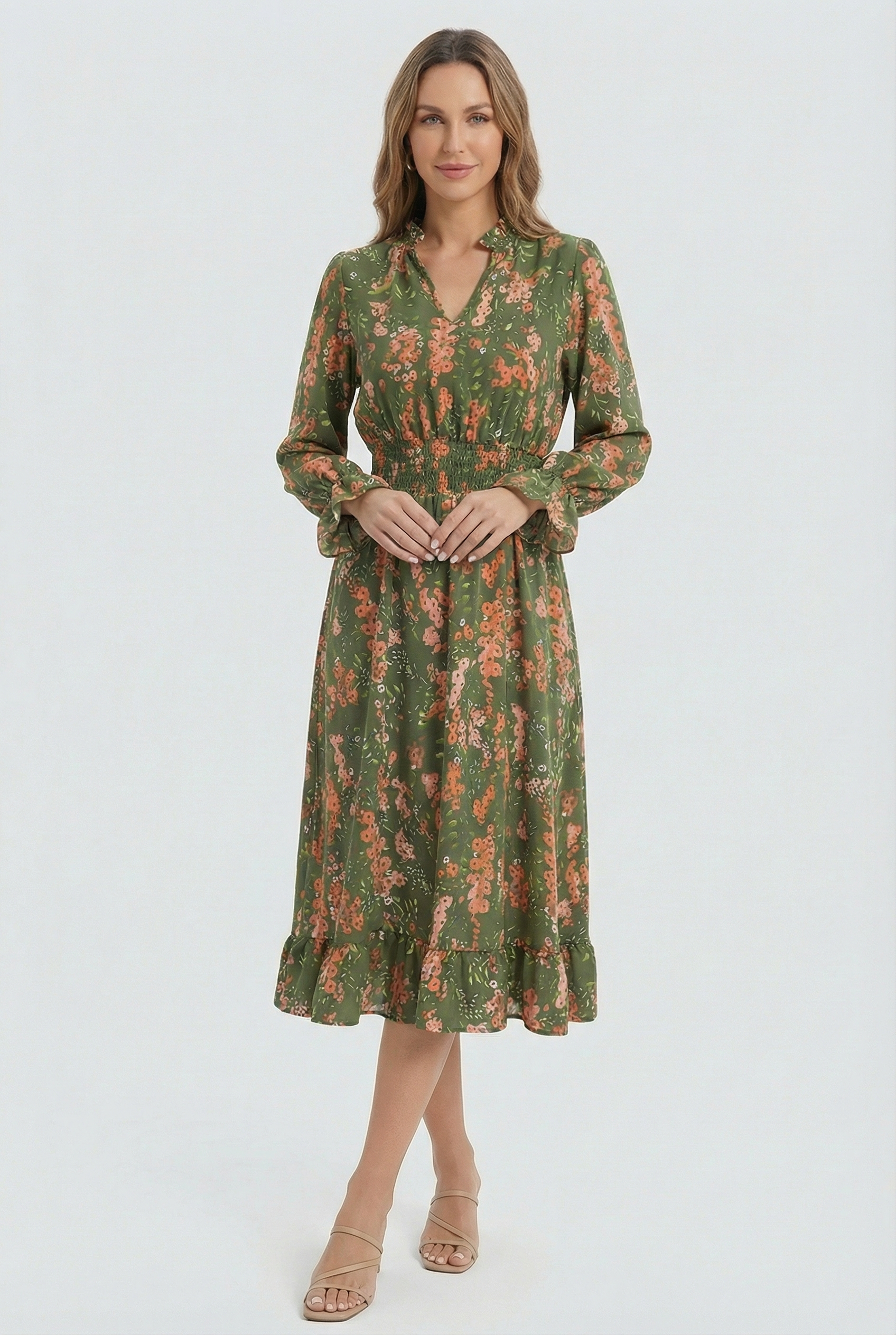 Mujer Vestido Floral Cuello en V Manga Larga Corte A 5