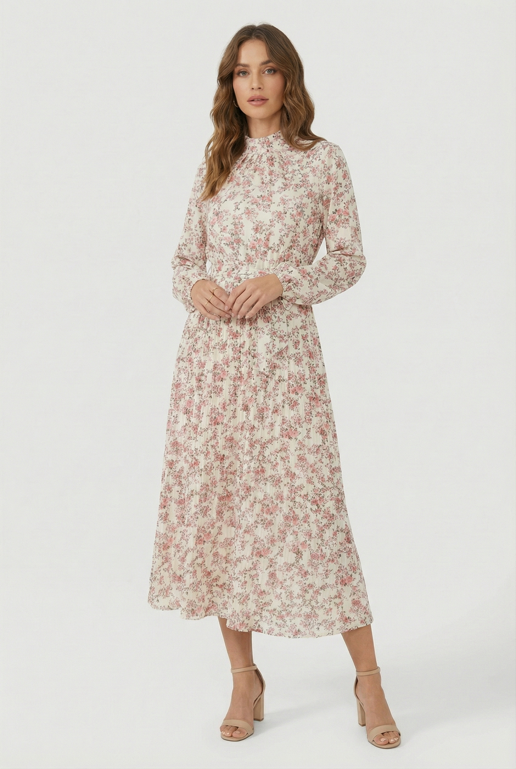 Mujer Vestido Largo Floral Tejido Ligero Manga Larga Plisado 0