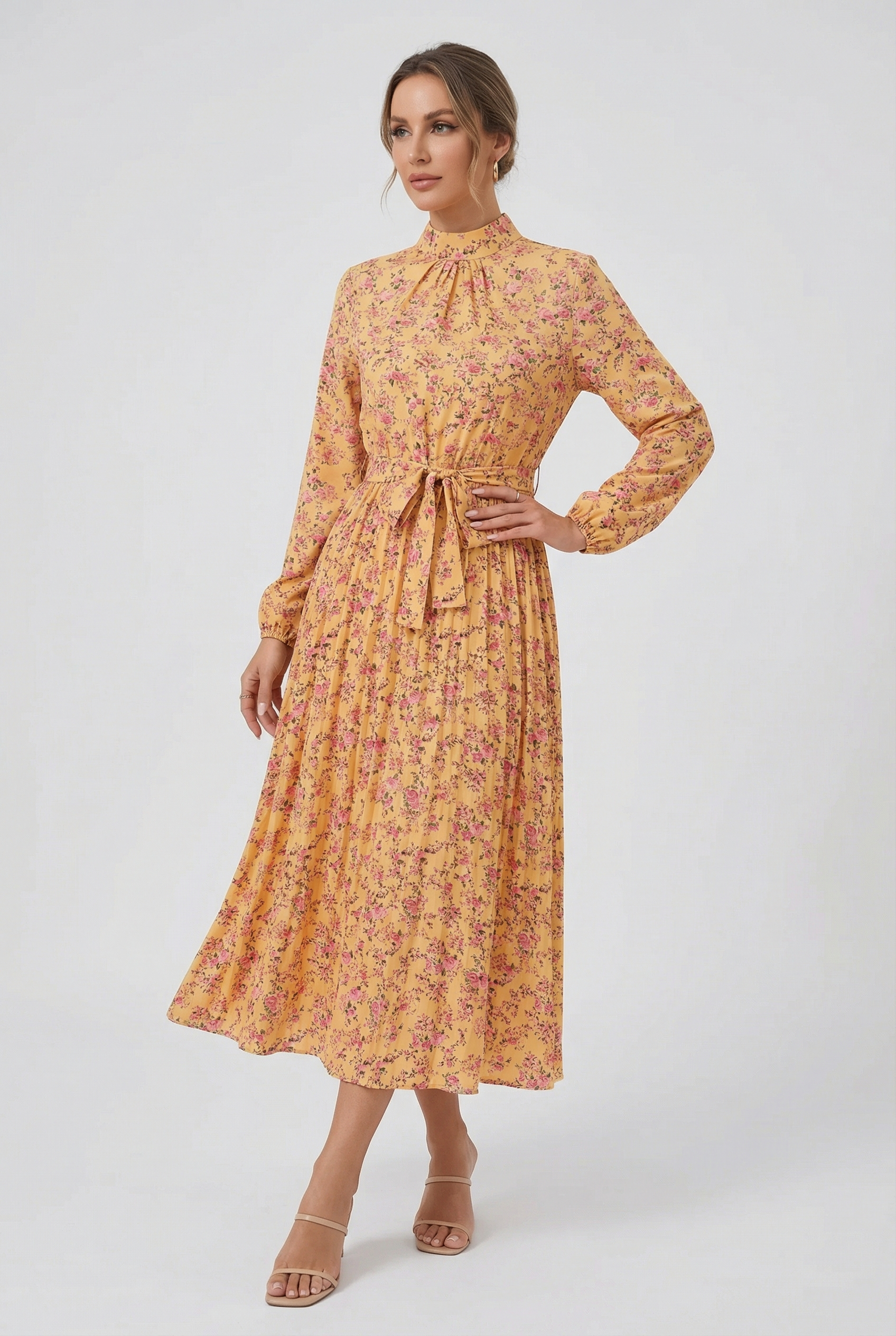 Mujer Vestido Largo Floral Tejido Ligero Manga Larga Plisado 6