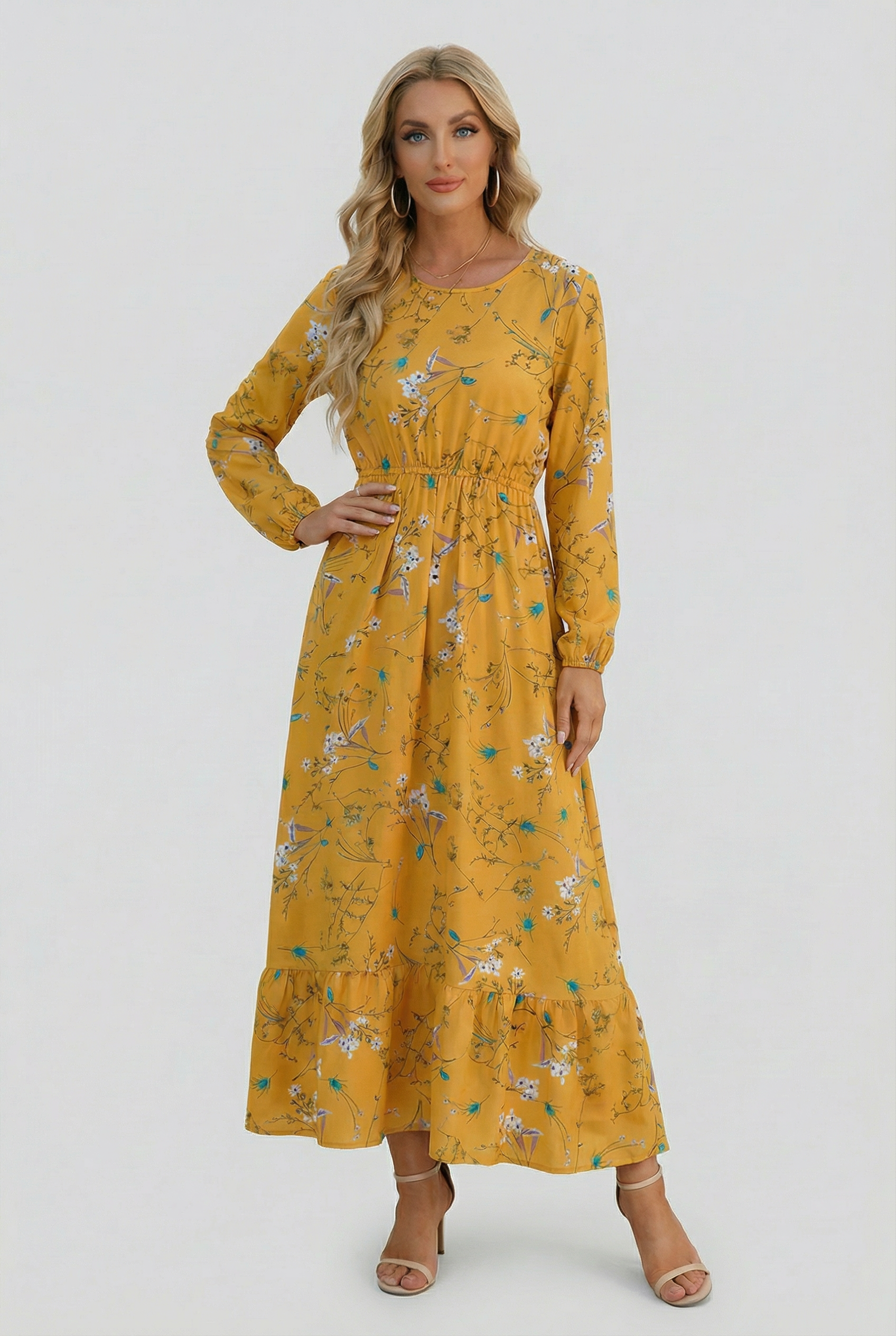Mujer Vestido Largo Gasa Floral Manga Larga Casual Playa 11
