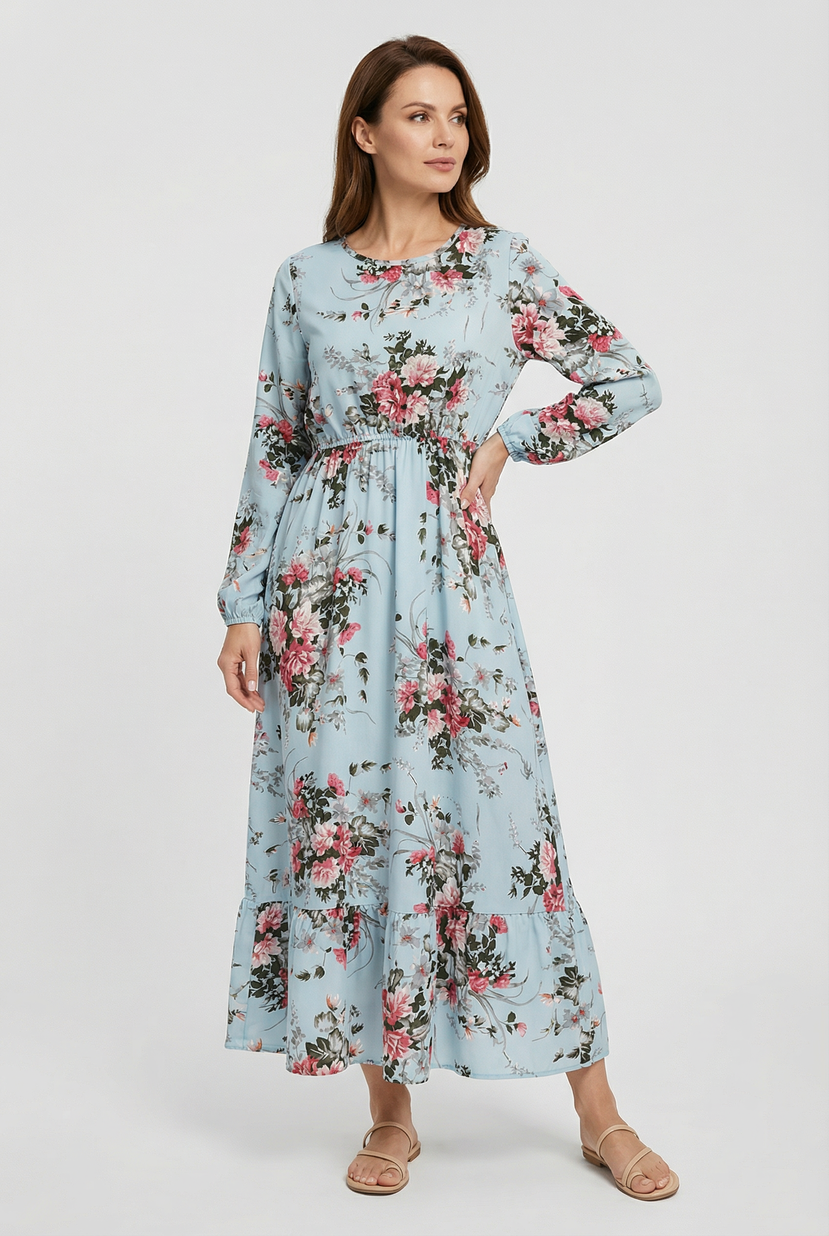 Mujer Vestido Largo Gasa Floral Manga Larga Casual Playa 5
