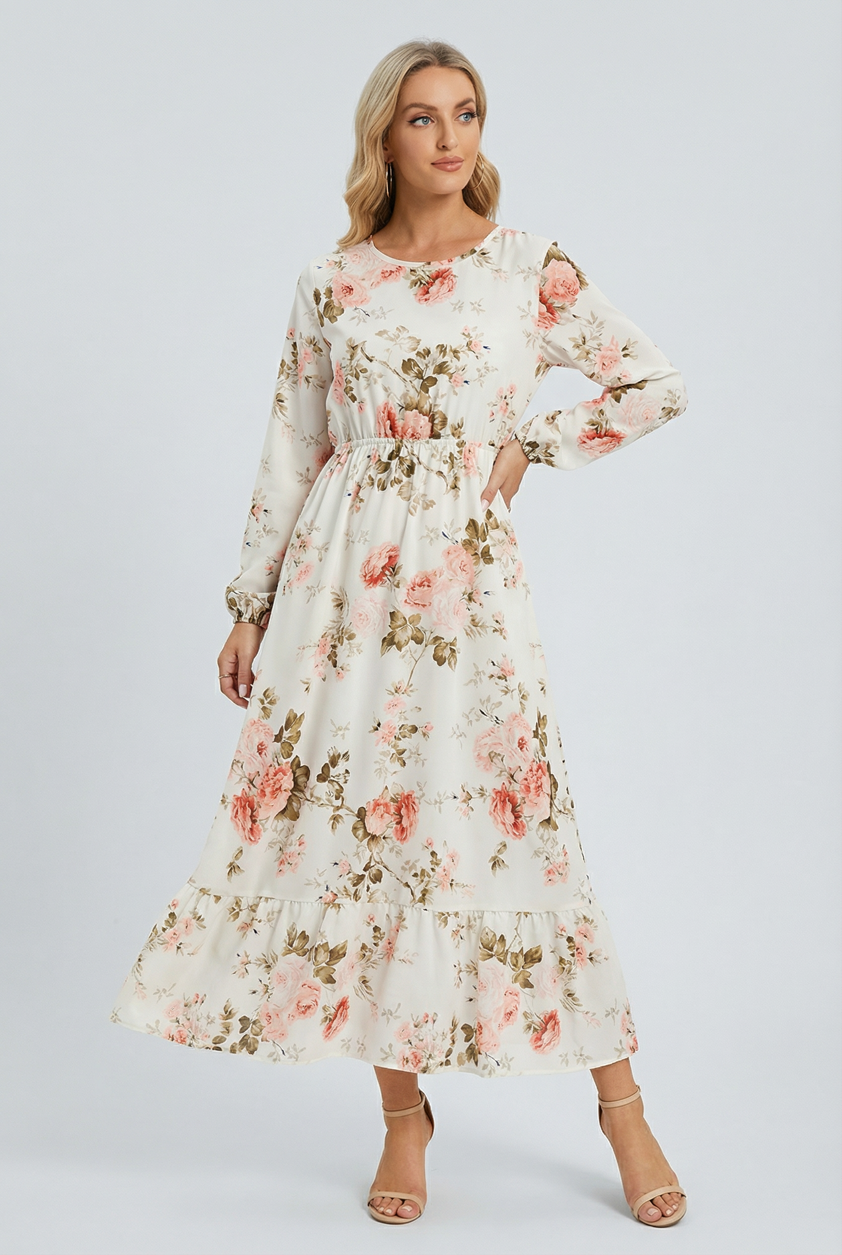 Mujer Vestido Largo Gasa Floral Manga Larga Casual Playa 7