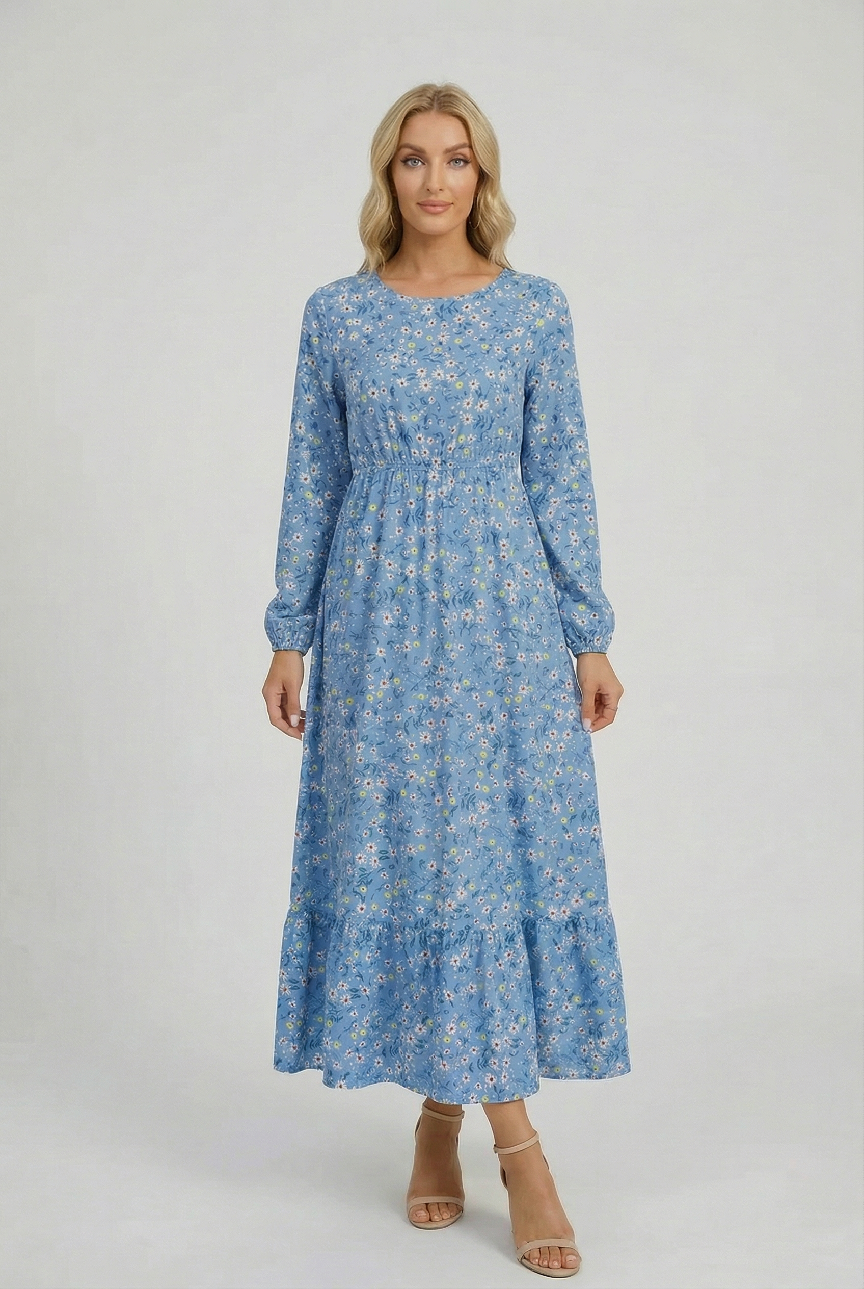 Mujer Vestido Largo Gasa Floral Manga Larga Casual Playa 8