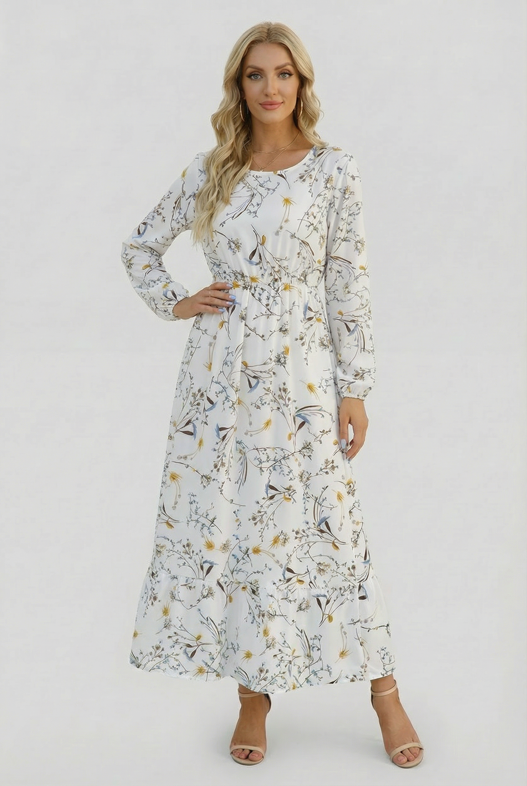 Mujer Vestido Largo Gasa Floral Manga Larga Casual Playa 9
