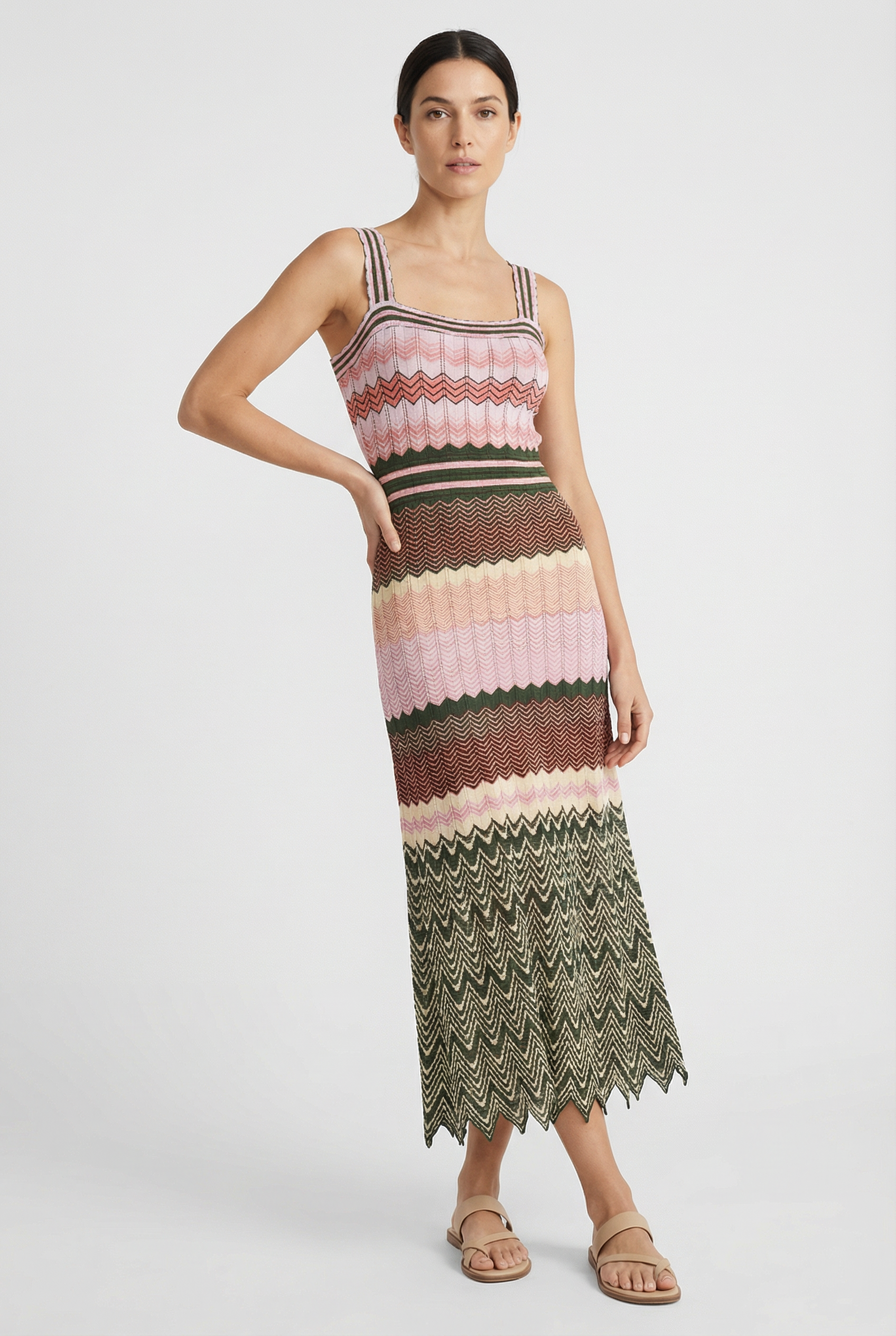 Mujer Vestido Largo Punto Alta Elasticidad Diseño Zigzag Sin Mangas Elegante 0