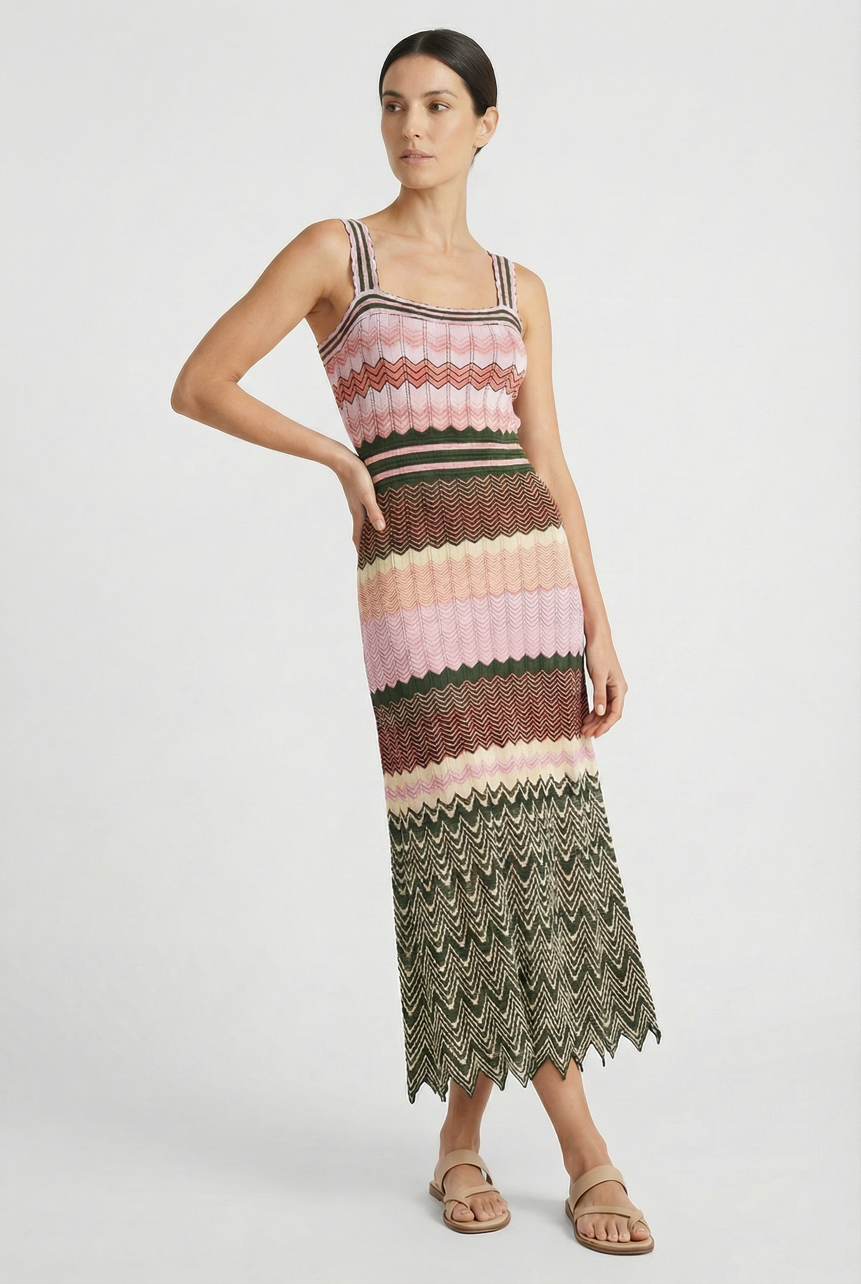 Mujer Vestido Largo Punto Alta Elasticidad Diseño Zigzag Sin Mangas Elegante 1