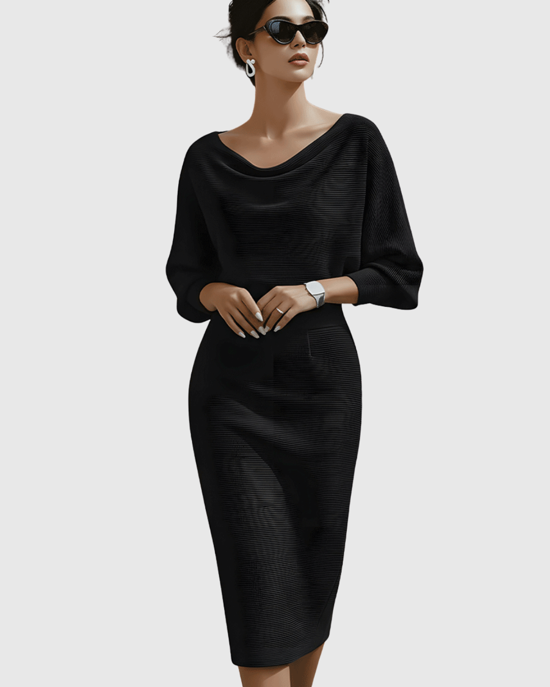 Mujer Vestido Midi Suave Drapeado con Manga Murciélago para Invitada Elegante 2