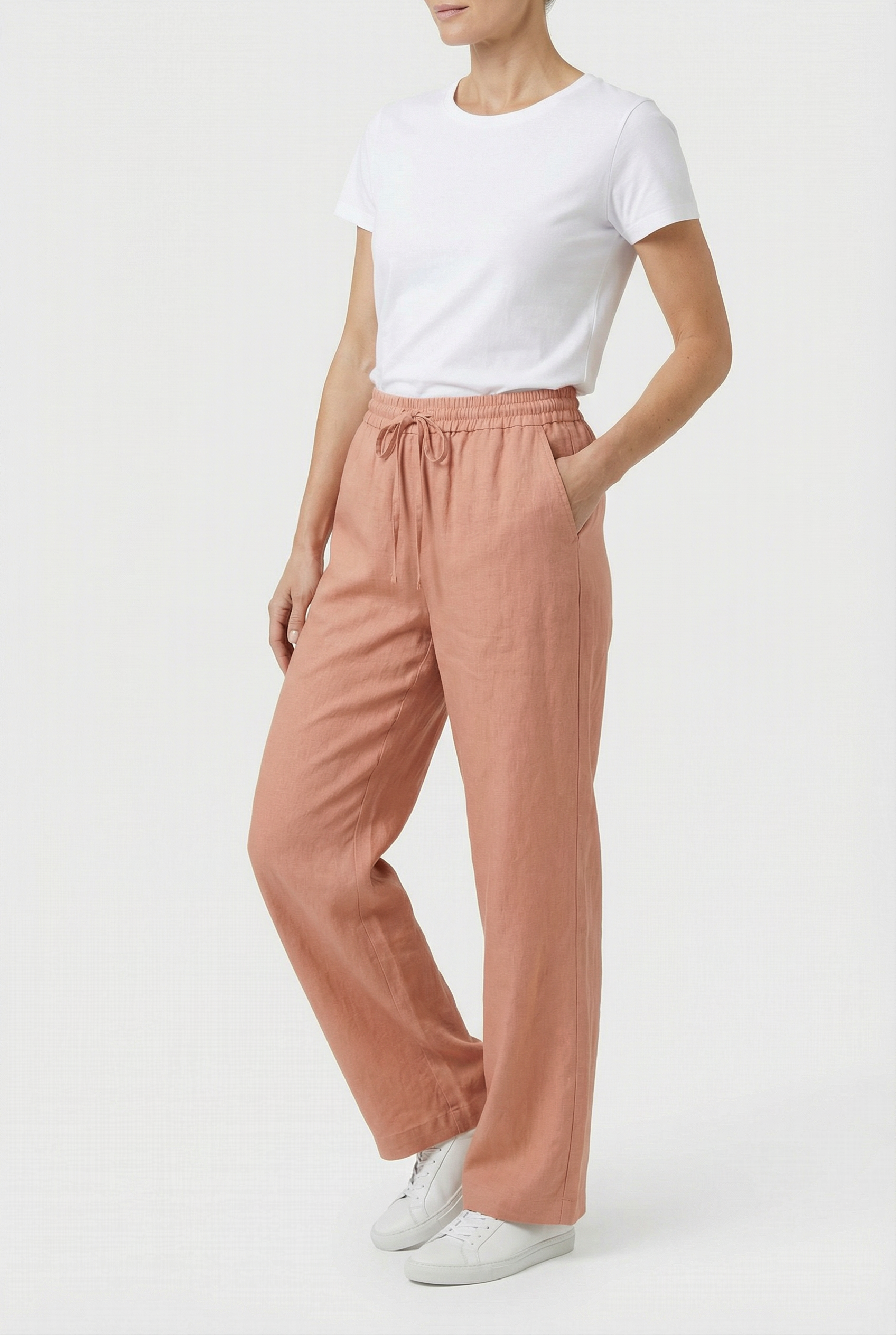 Pantalón Mujer Alta Cintura Mezcla Algodón Lino Pierna Ancha Casual 1