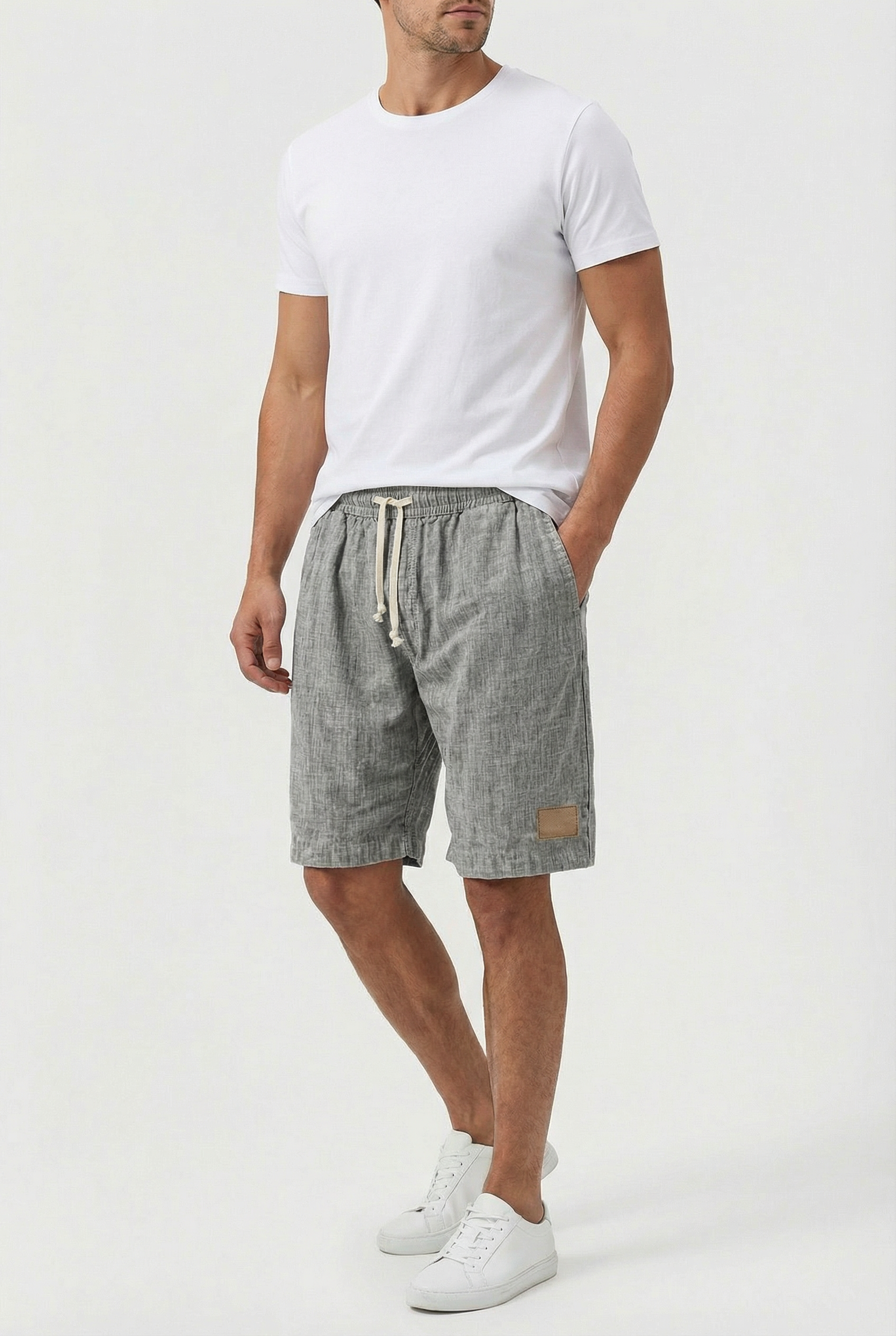 Pantalones Cortos Hombre Lino Ligero Cintura Elástica Diseño Sólido 1