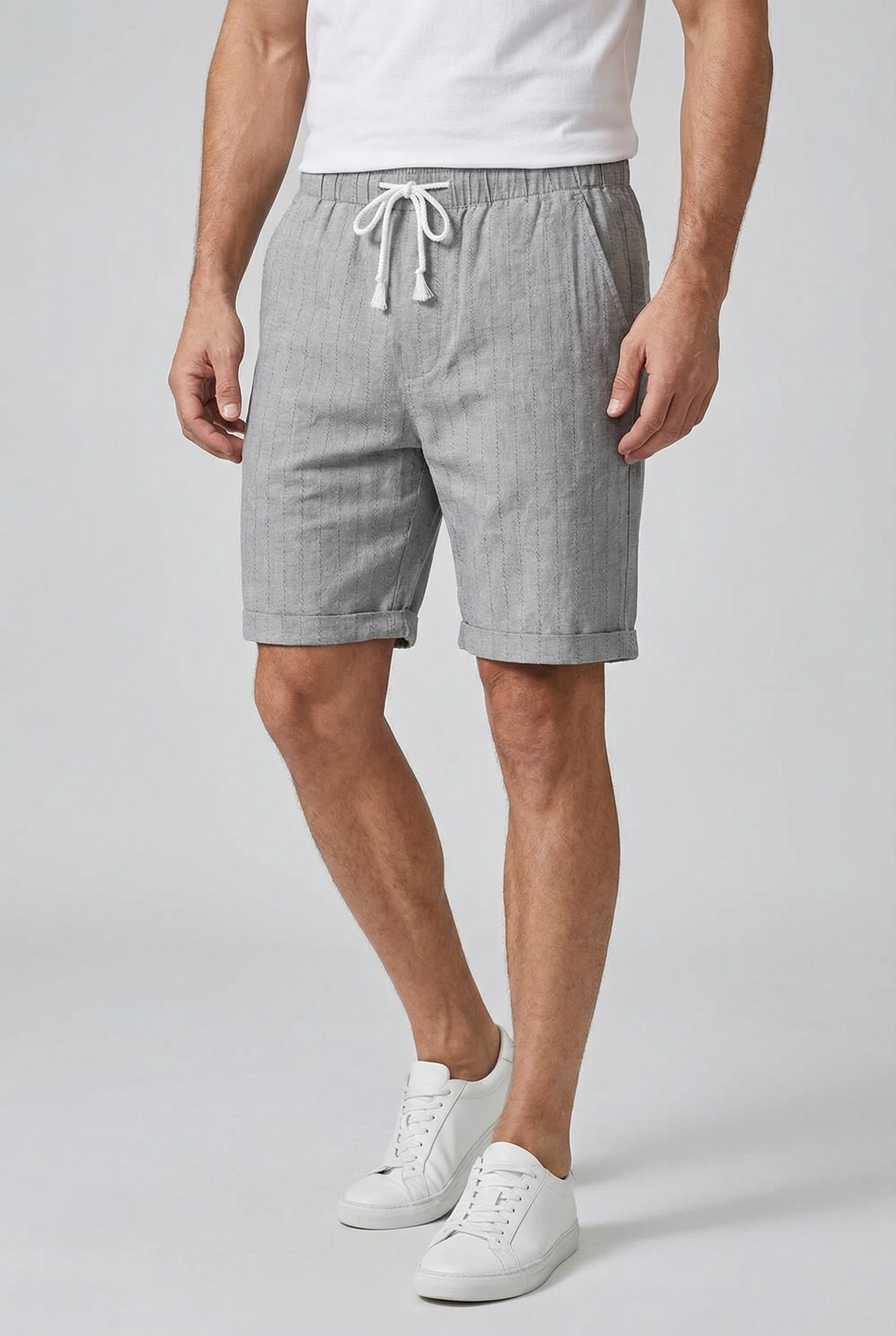 Pantalones Cortos Hombre Mezcla Lino Algodón Cintura Elástica Rayas 6