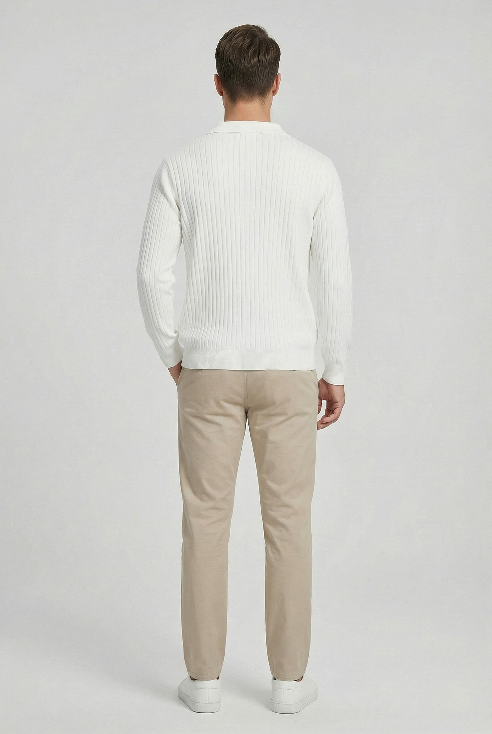 Polo Hombre Manga Larga Algodón Mezcla Cuello en V Ajuste Entallado Casual Elegante 2
