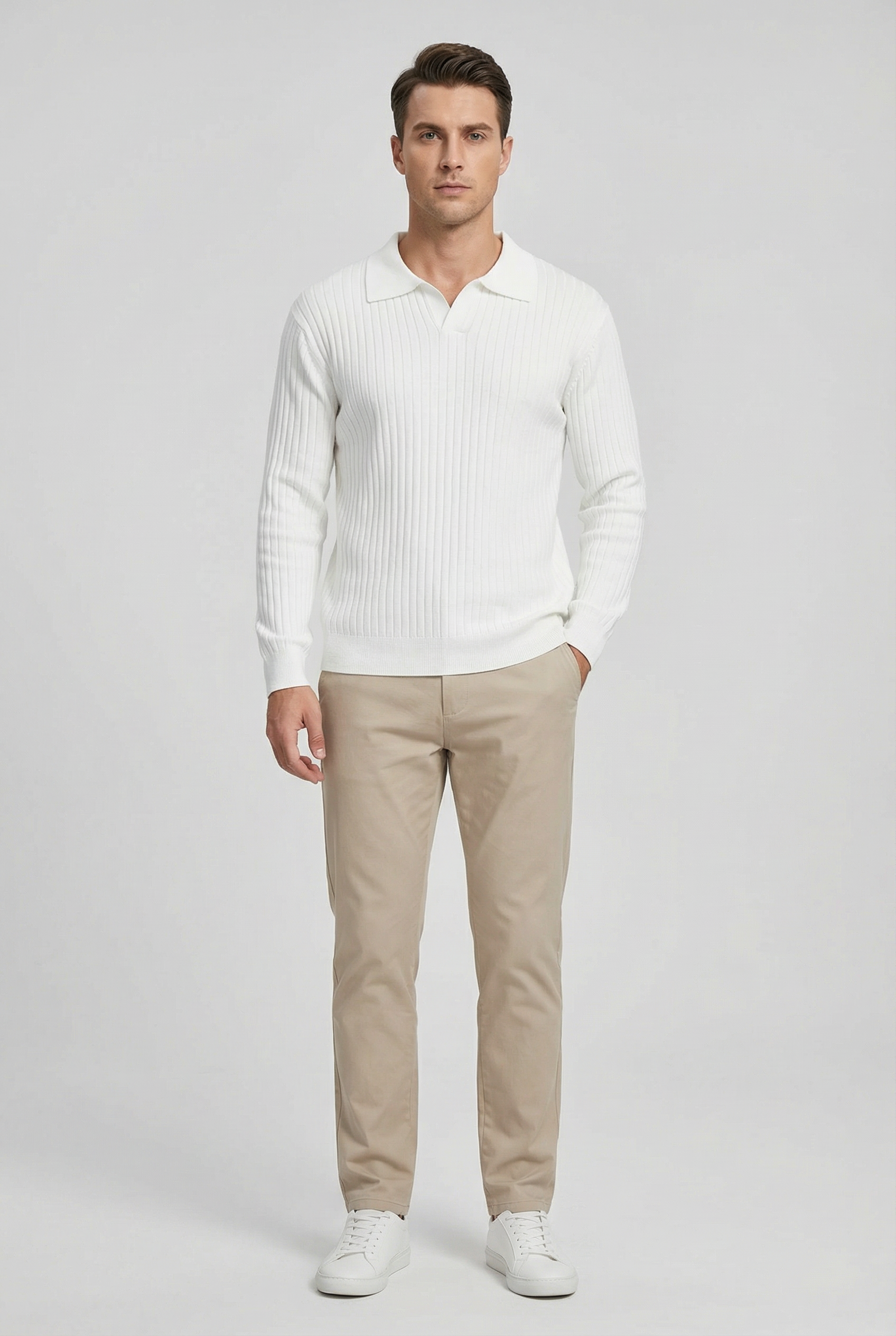 Polo Hombre Manga Larga Algodón Mezcla Cuello en V Ajuste Entallado Casual Elegante 3