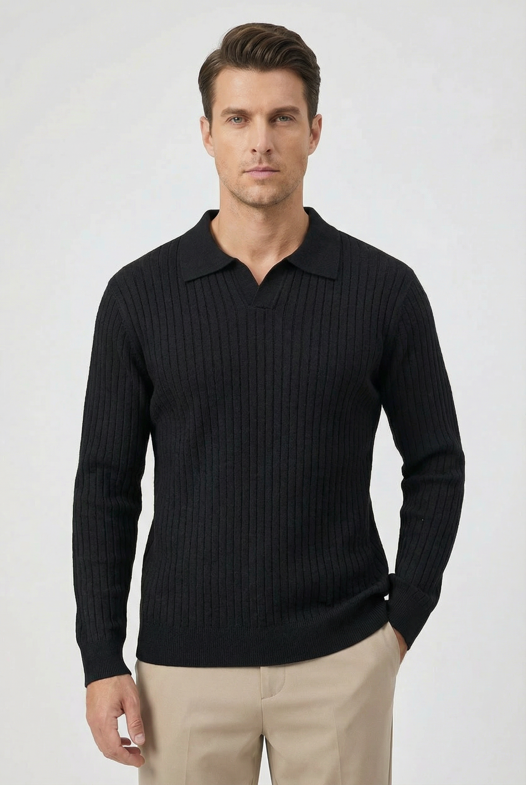 Polo Hombre Manga Larga Algodón Mezcla Cuello en V Ajuste Entallado Casual Elegante 4