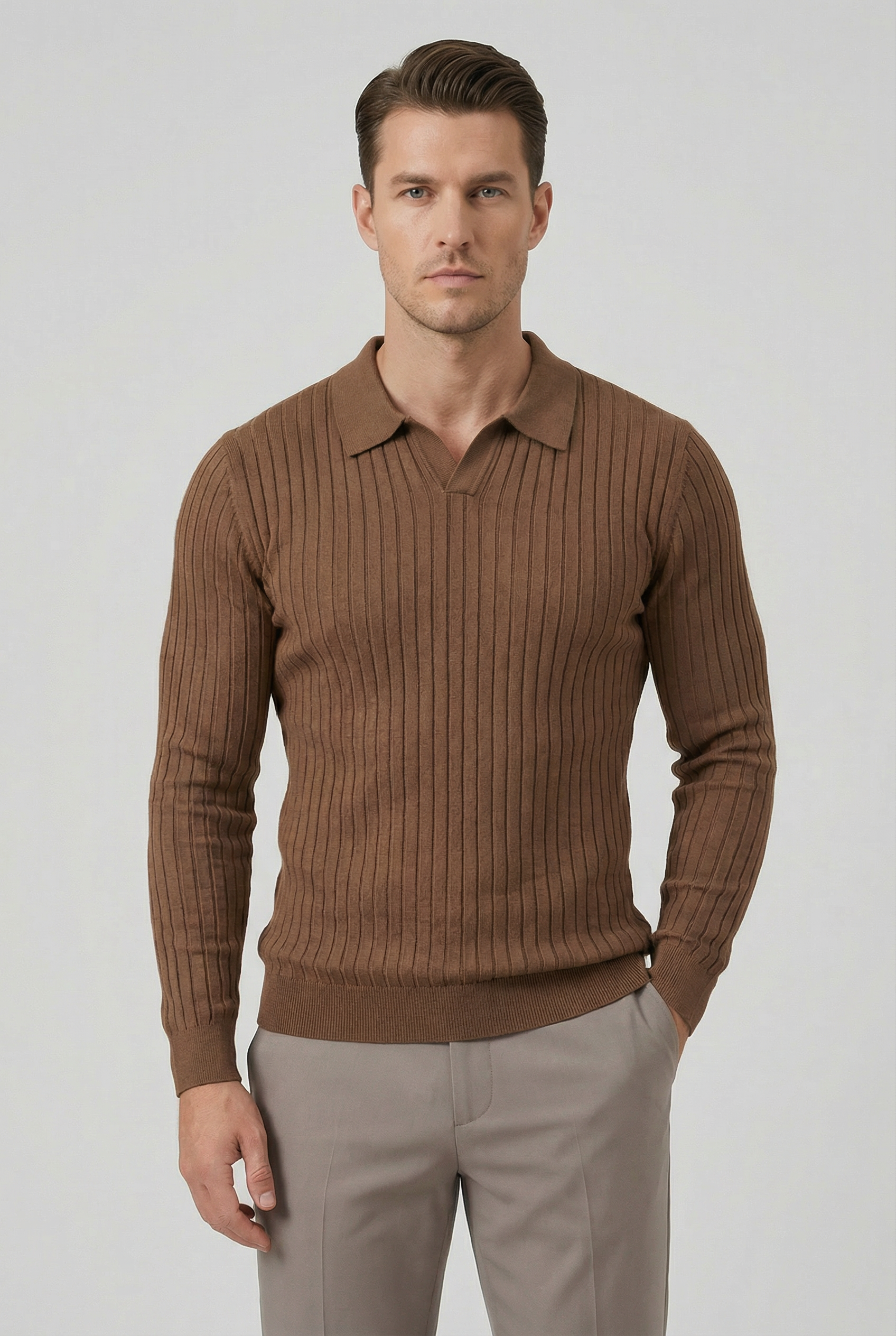 Polo Hombre Manga Larga Algodón Mezcla Cuello en V Ajuste Entallado Casual Elegante 5