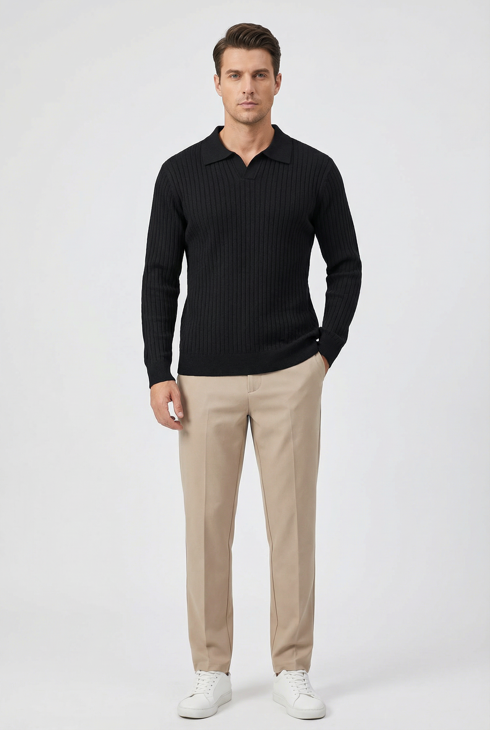 Polo Hombre Manga Larga Algodón Mezcla Cuello en V Ajuste Entallado Casual Elegante 6
