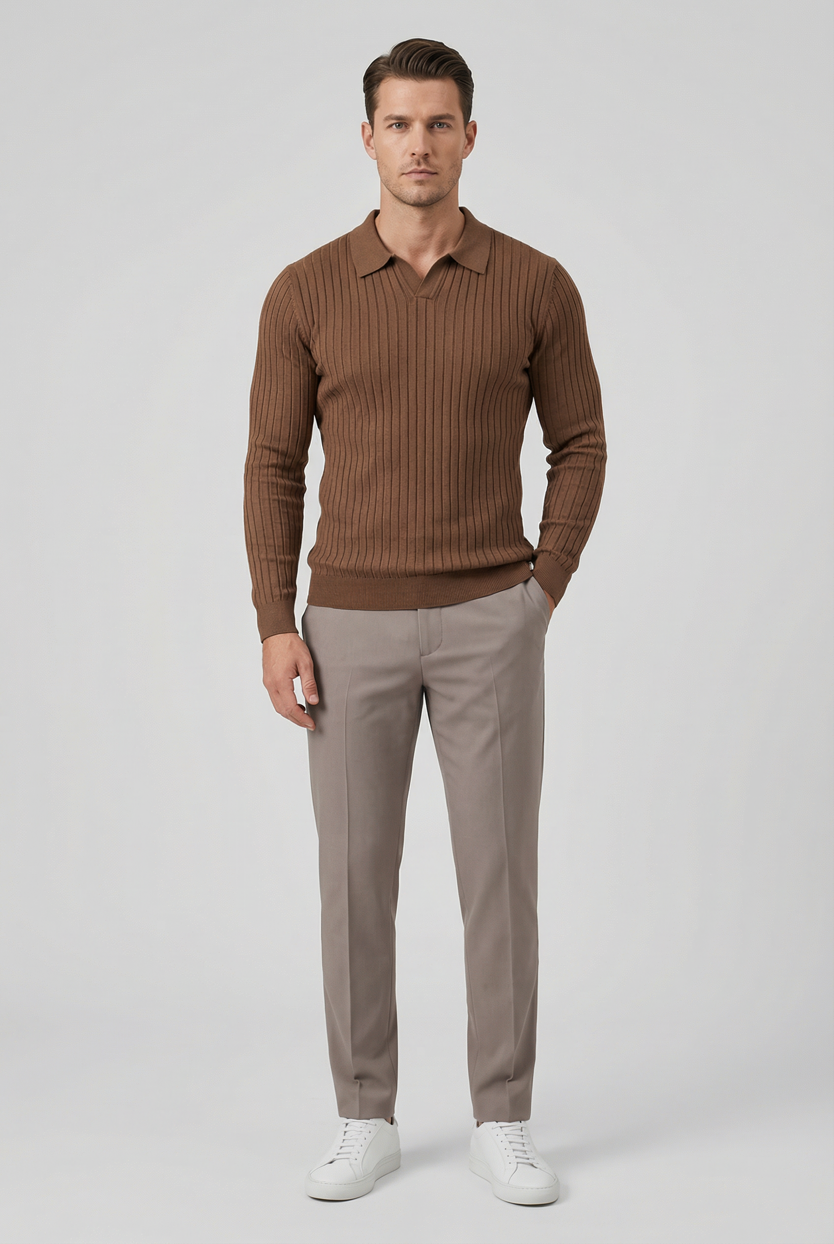 Polo Hombre Manga Larga Algodón Mezcla Cuello en V Ajuste Entallado Casual Elegante 7