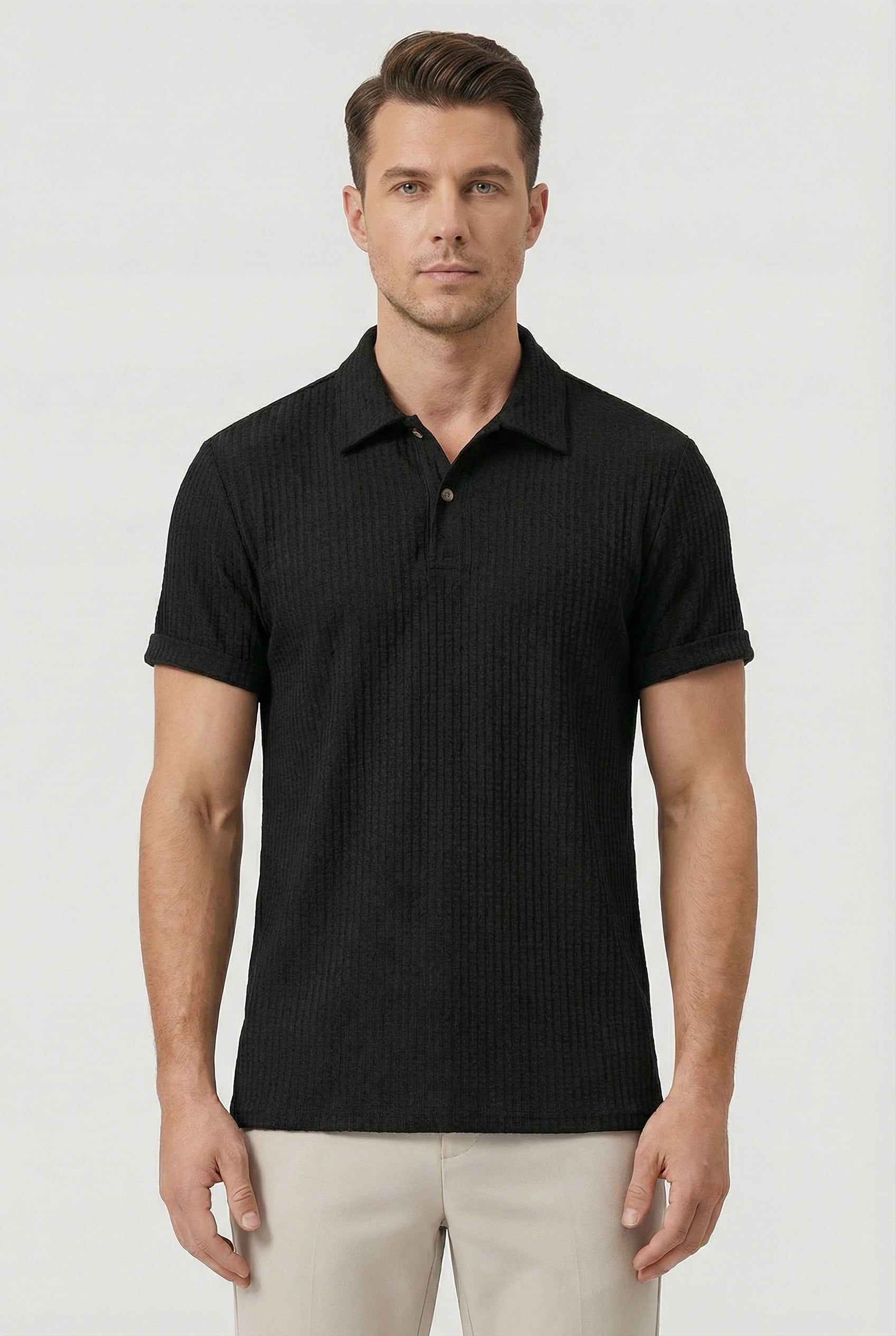 Polo Hombre Tejido Tipo Gofre Transpirable Cuello Vuelto Ajuste Relajado 6