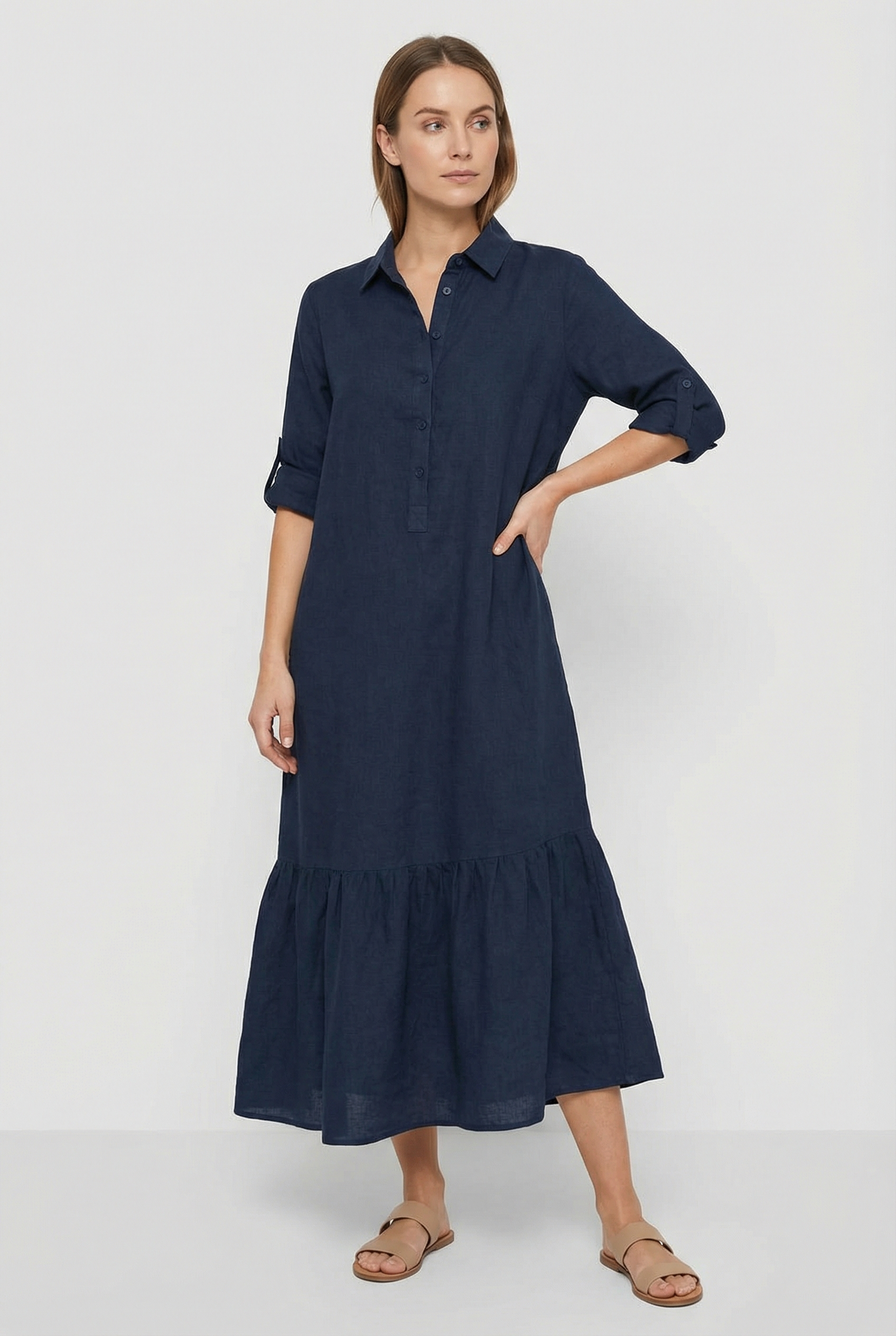 Vestido Largo Mujer Algodón Elegante Con Mangas Largas Y Diseño Clásico 3
