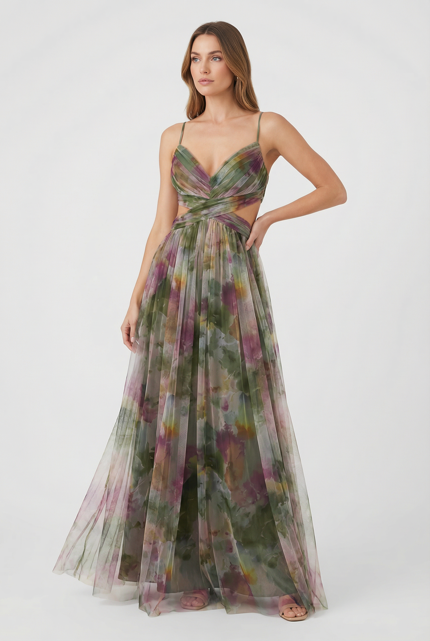 Vestido Largo Mujer Gasa Floral Elegante Con Ajuste Personalizable Para Fiesta 3