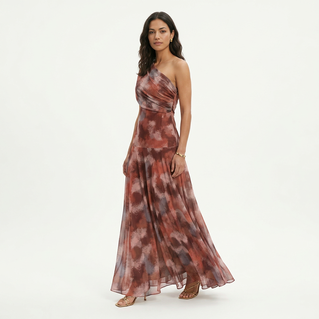 Vestido Largo Mujer Malla Floral Escote Asimétrico Elegante 0
