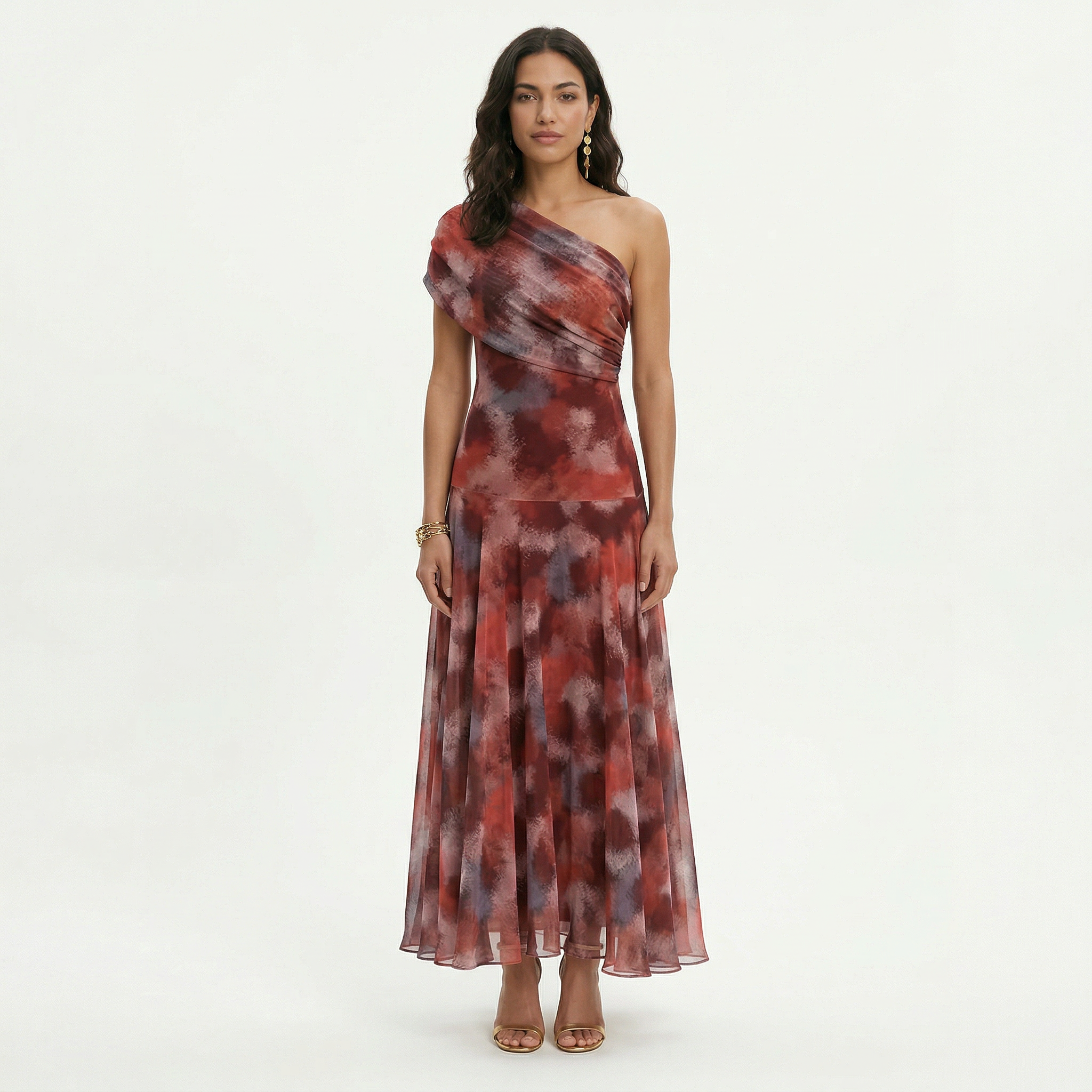 Vestido Largo Mujer Malla Floral Escote Asimétrico Elegante 1