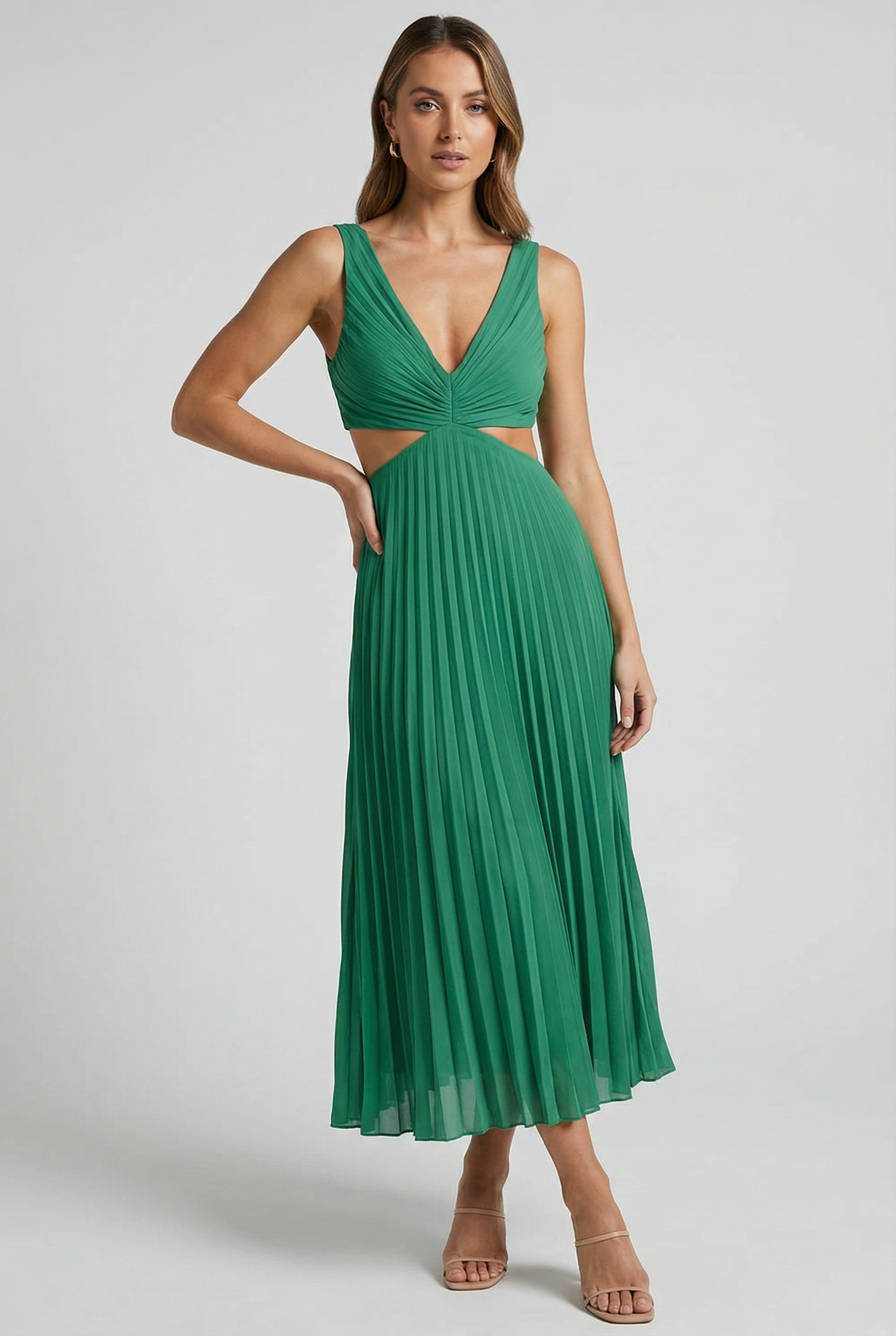 Vestido Largo Mujer Poliéster Escote en V Plisado Elegante 4
