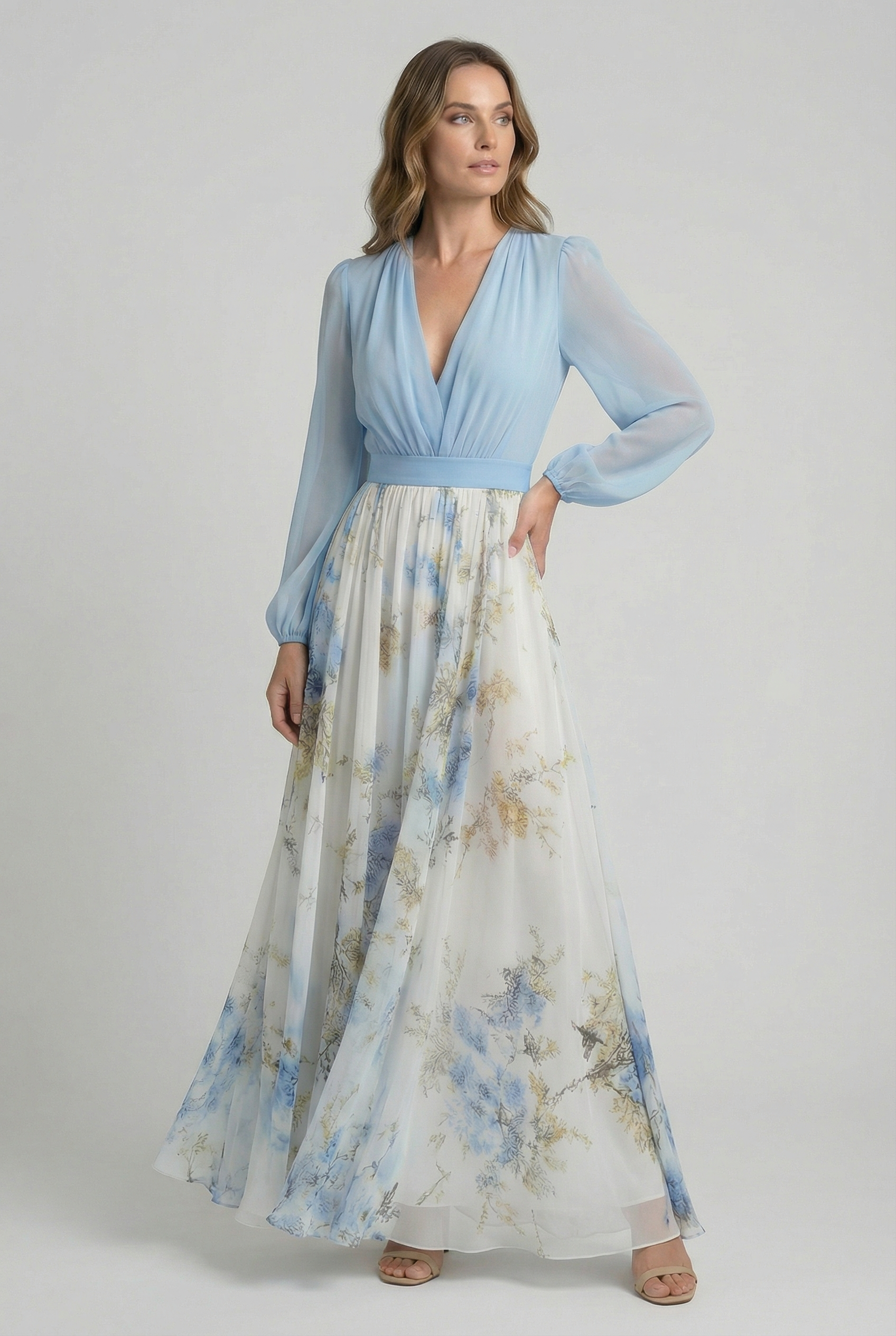 Vestido Largo Mujer Poliéster Floral Escote en V Profundo Elegante 1