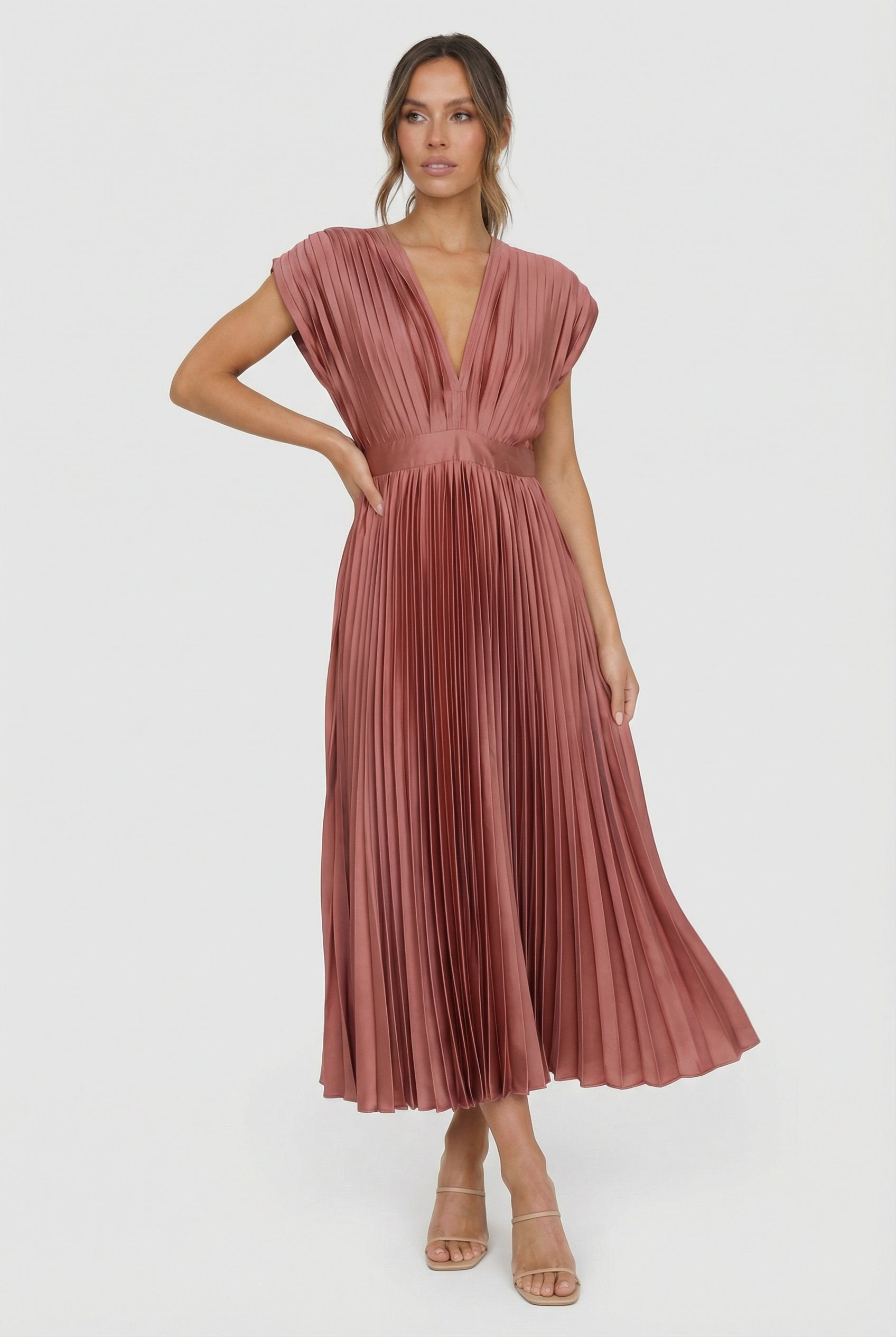 Vestido Largo Mujer Poliéster Plisado Cuello en V Elegante para Fiesta 1