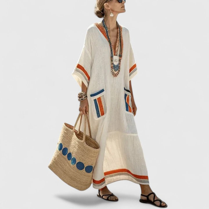 Vestido Largo Mujer Tejido Ligero Escote en V Casual con Bolsillos 2