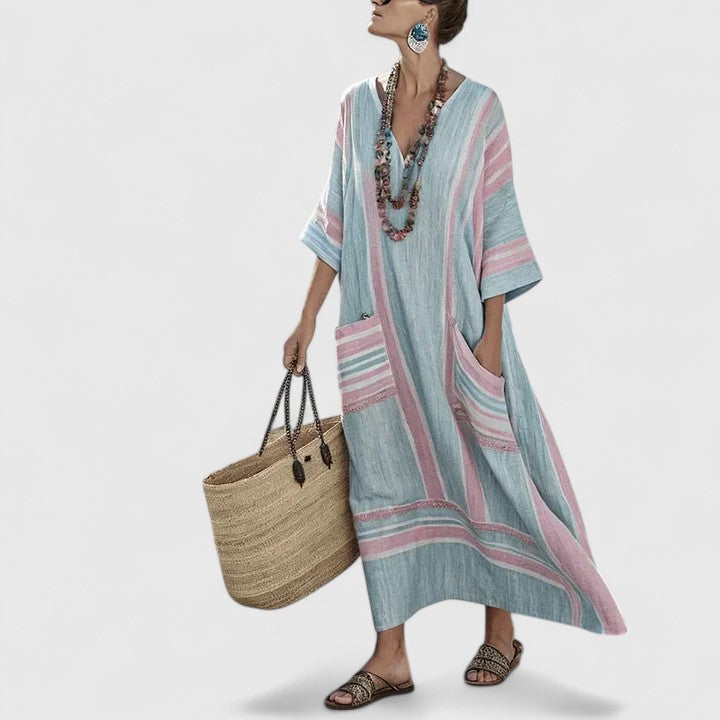 Vestido Largo Mujer Tejido Ligero Escote en V Casual con Bolsillos 8