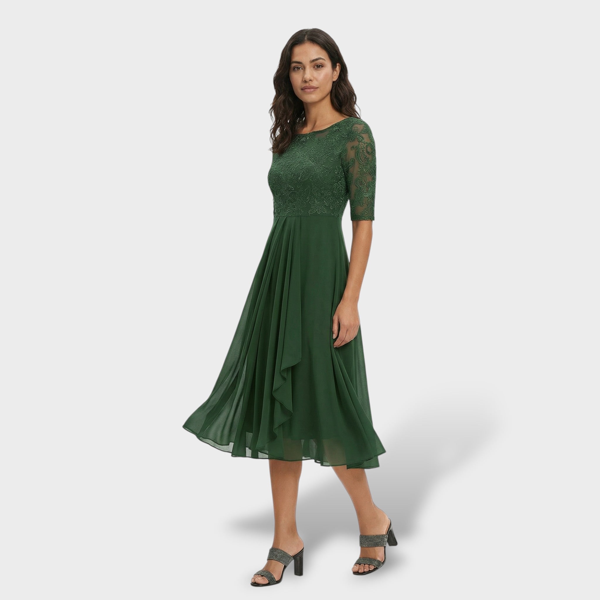 Vestido Midi Mujer Encaje Gasa Elegante Con Silueta A Ideal Para Fiestas 4