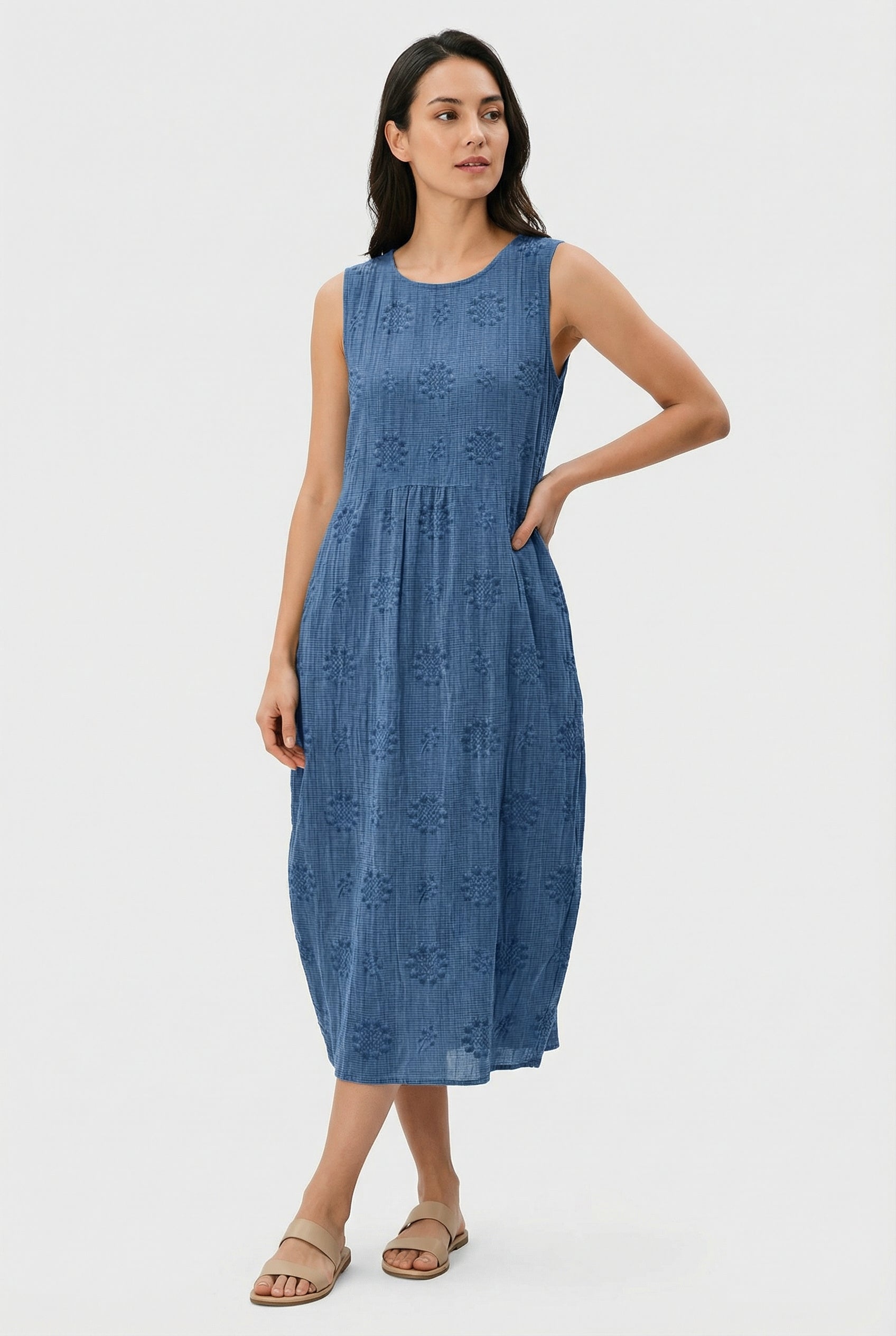 Vestido Midi Mujer Poliéster Sin Mangas Estampado Circular Con Bolsillos Laterales 5